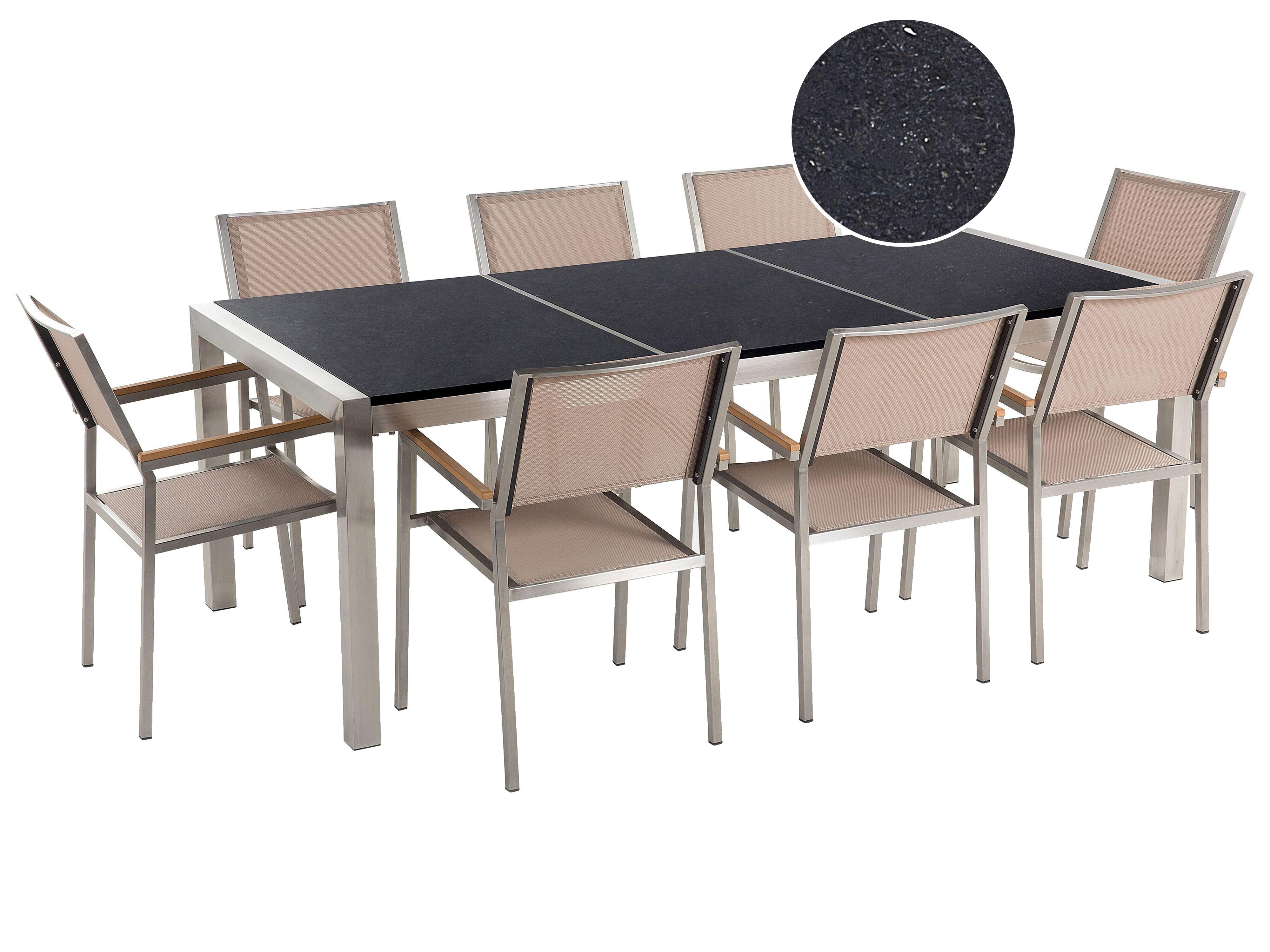 Garden Dining Set 6 Seater GROSSETO Triple Plate Granite Polished Black/ Beige