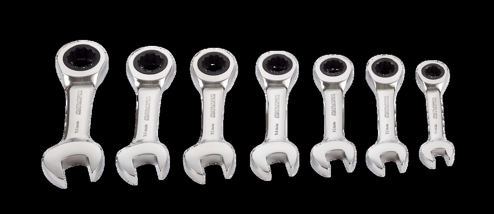 MAXIMUM Stubby Ratcheting Wrench Set, Metric, Nickel-Chrome Plating, 7-pc