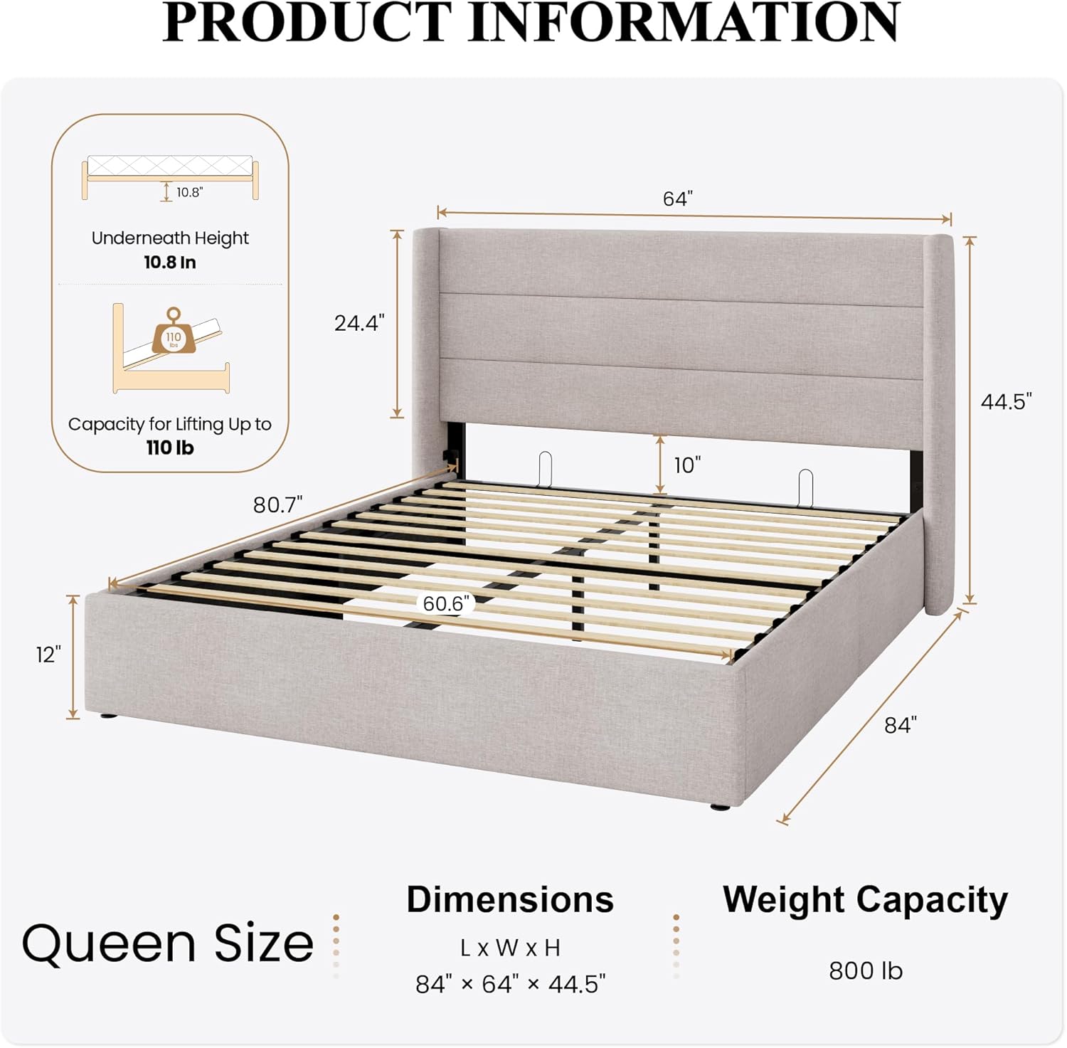 SHA CERLIN Queen Size Lift Up Storage Bed/Modern Wingback Headboard/Upholstered Platform Bed Frame/Hydraulic Storage/No Box Spring Needed/Wood Slats Support/Light Beige