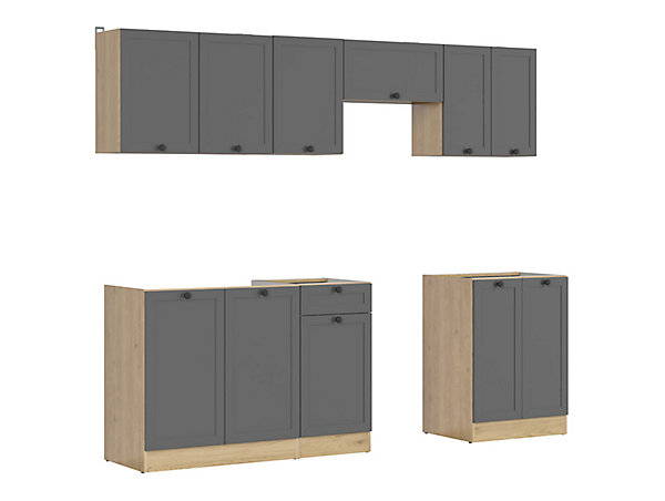 Cuisine complète 240 cm,Ensemble de meuble de cuisine coloris Gris graphite/Chêne graphite, plan de travail non inclus