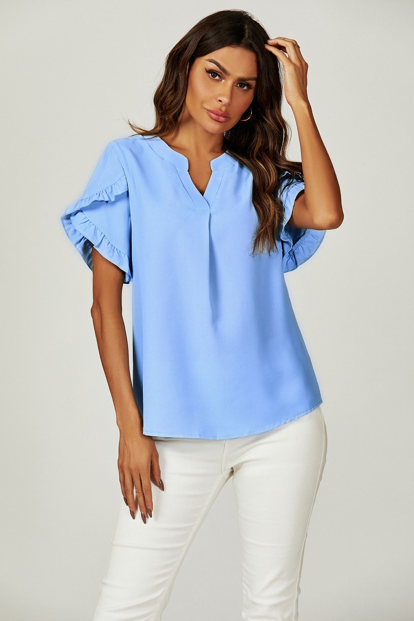 FS Collection Frill Trim Detail Short Sleeve Blouse Top In Light Blue