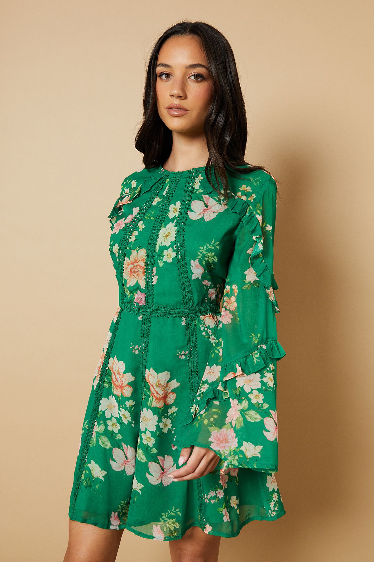Oasis Floral Chiffon Lace Trim Mini Dress