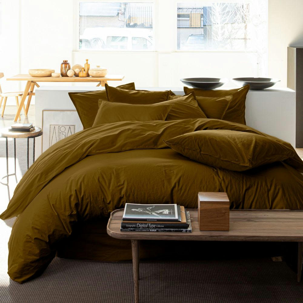 - Housse de couette percale de coton lavé marron camel 240x260 cm