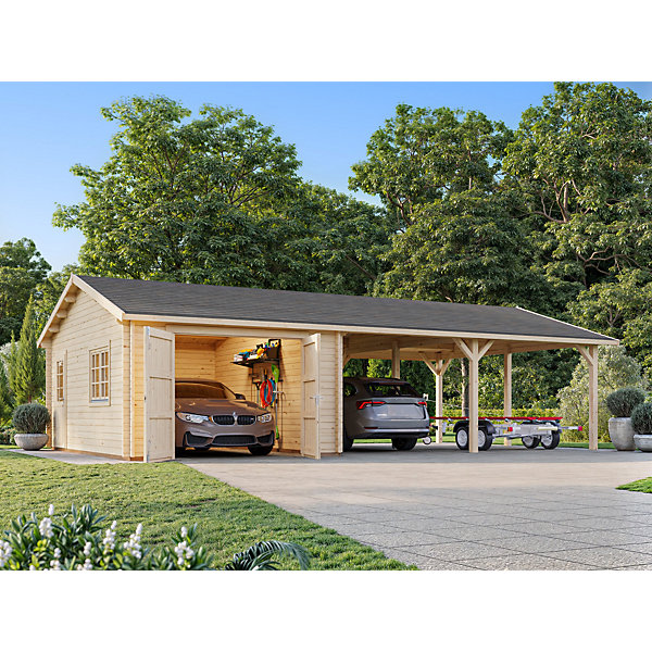Garage en bois Roger portes battantes et carport 64 m² Palmako