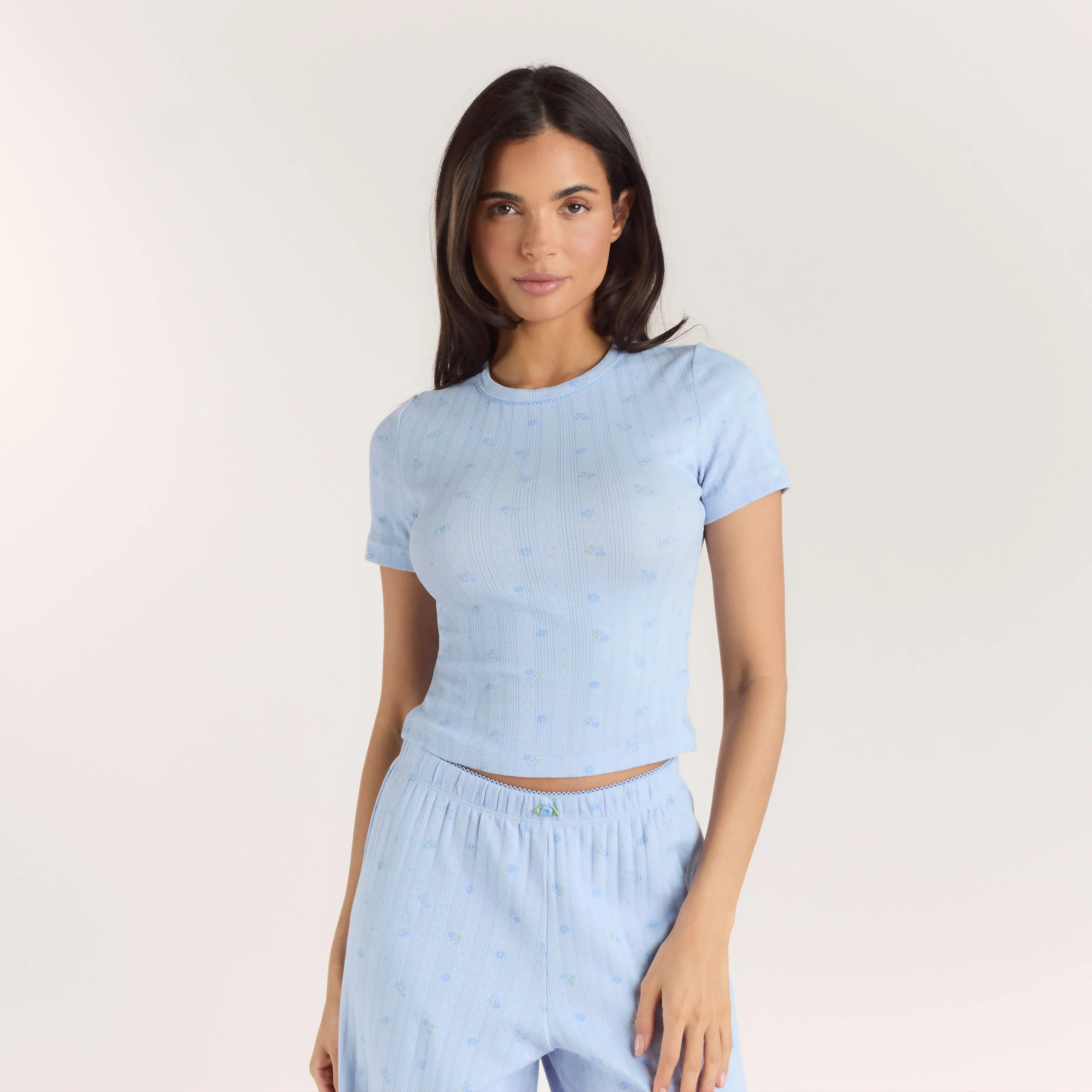 Pointelle Fitted Pyjama Top - Blue Floral