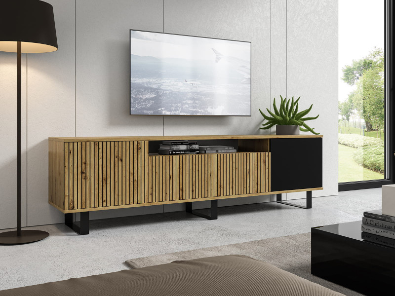 Szafka rtv Piko 200cm artisan czarny lamele metalowe nogi