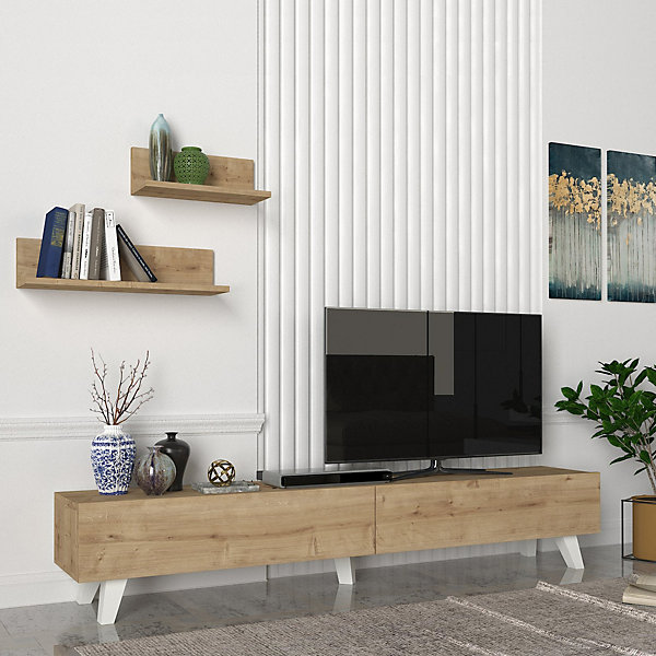 Ensemble meuble TV et 2 étagères Saarijärvi 180 x 31 x 33 cm effet chêne en.casa
