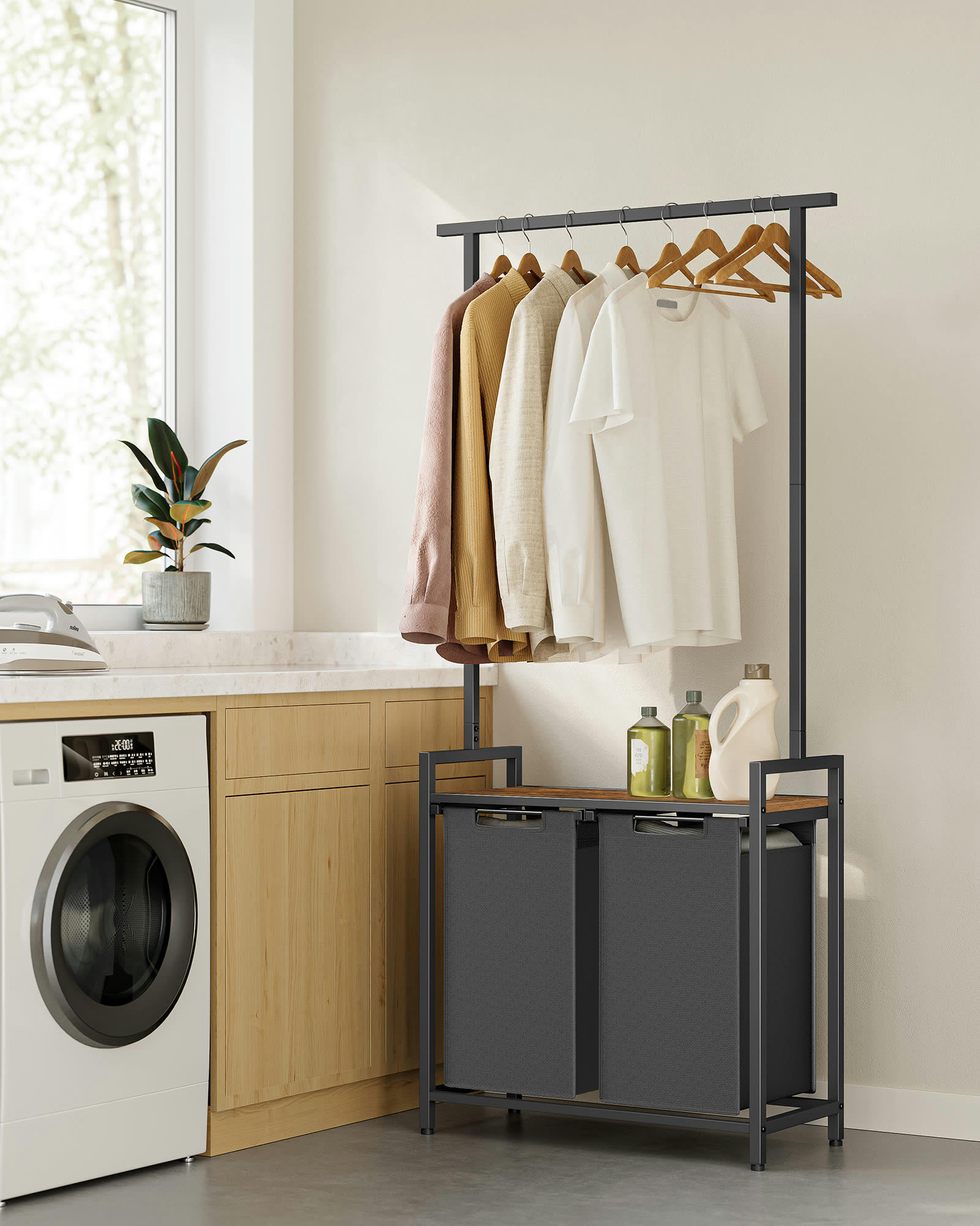 - Paniers à linge 2 compartiments effet bois marron rustique et noir