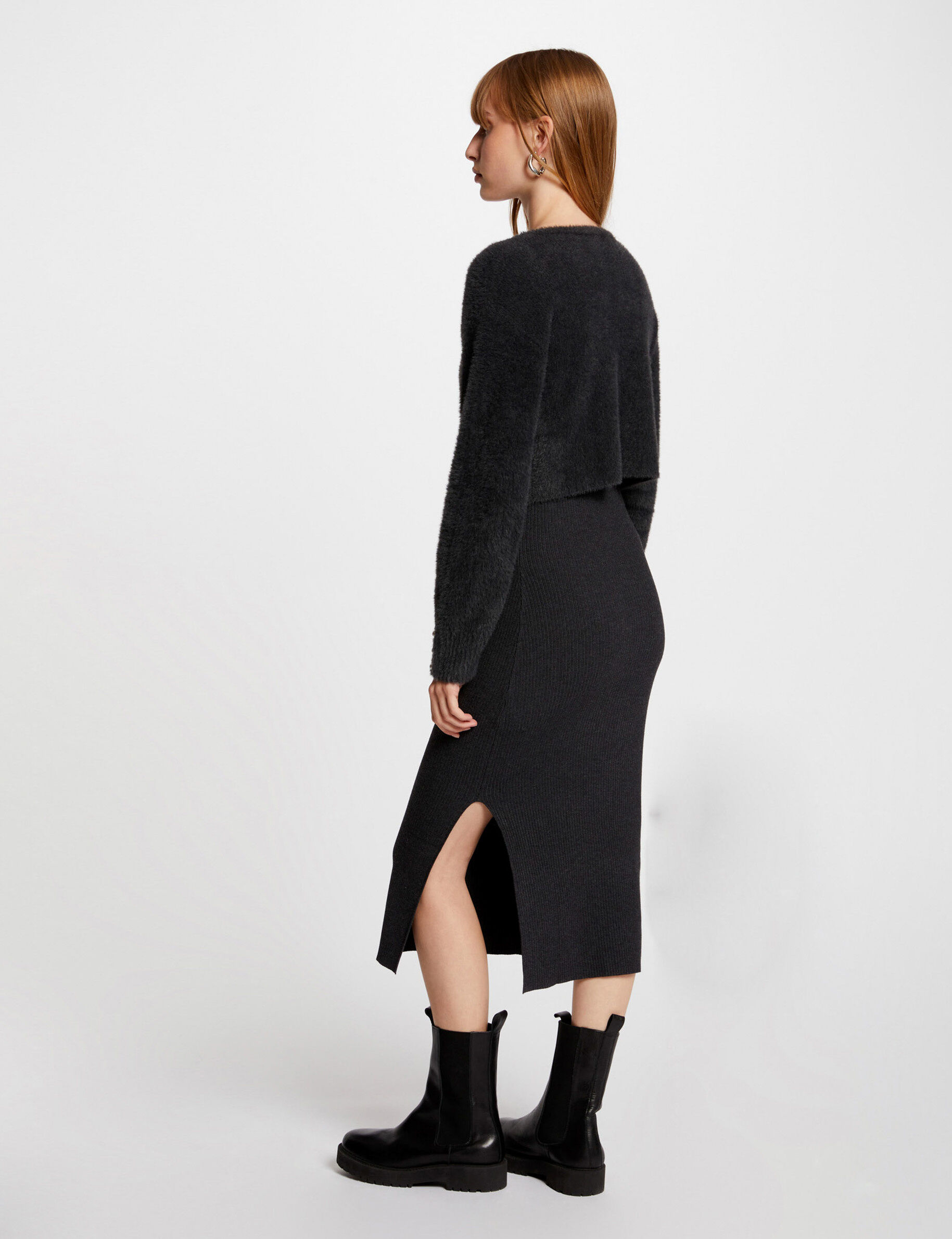 2-In-1 Fitted Knit Midi Dress Dark Grey Women