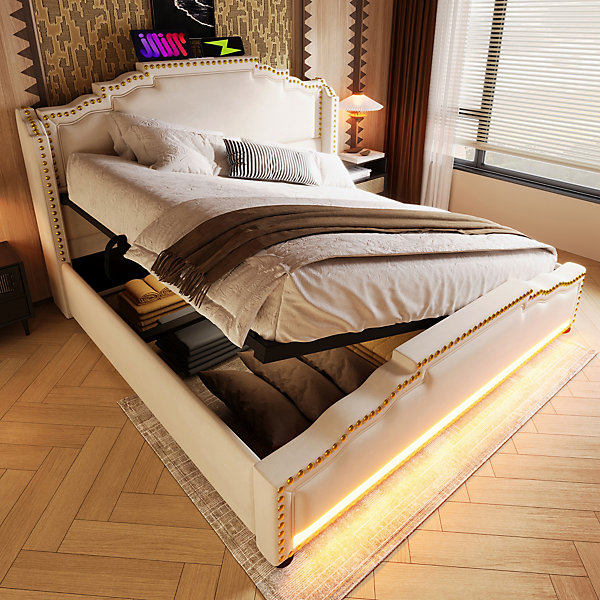 Lit coffre 160x200 cm double capitonné avec LED télécommandée et ports USB-C, structure métal bois velours beige, sans matelas