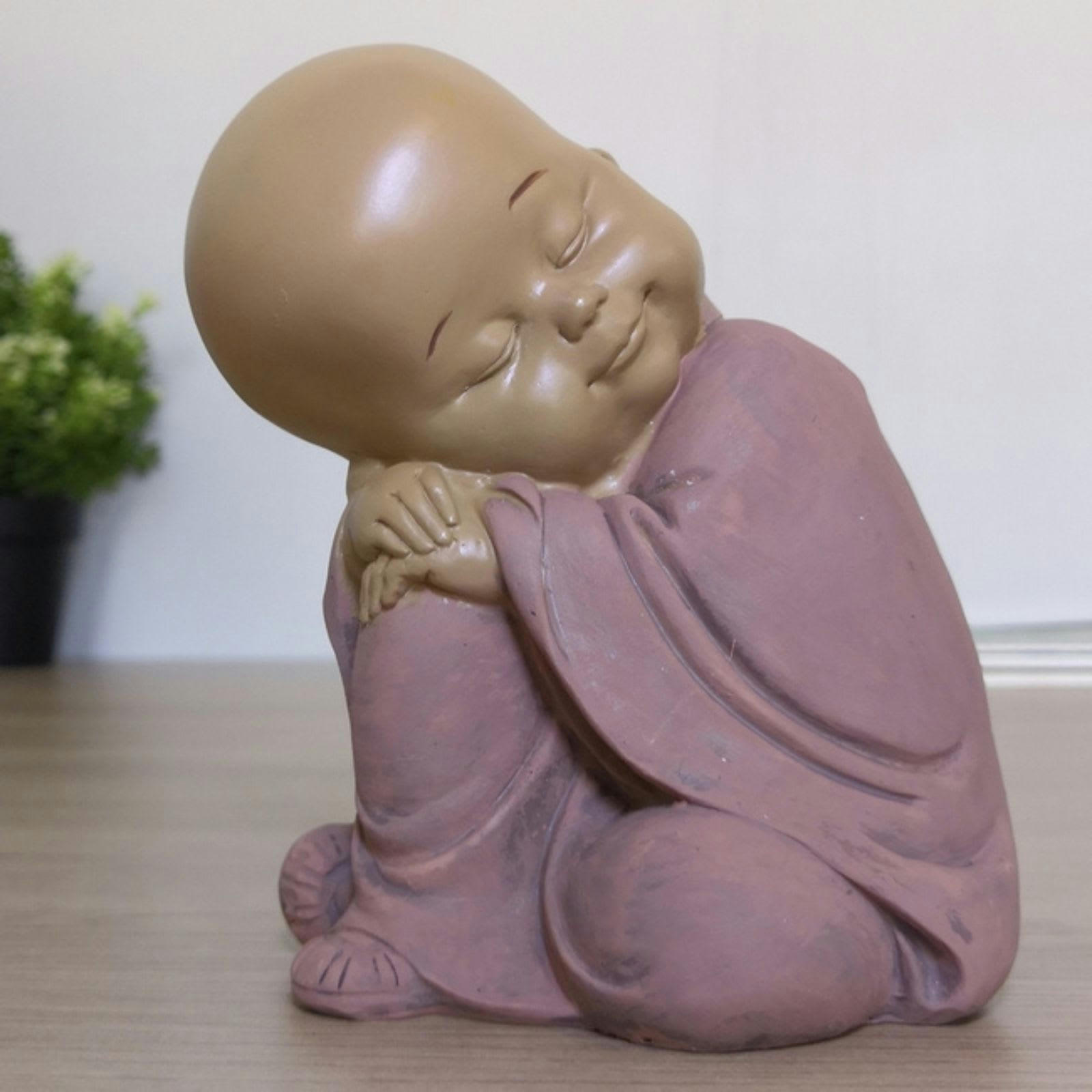 BOUDDHA - Statue à poser Bouddha Bébé Dormeur en résine Rose et Beige - H12cm