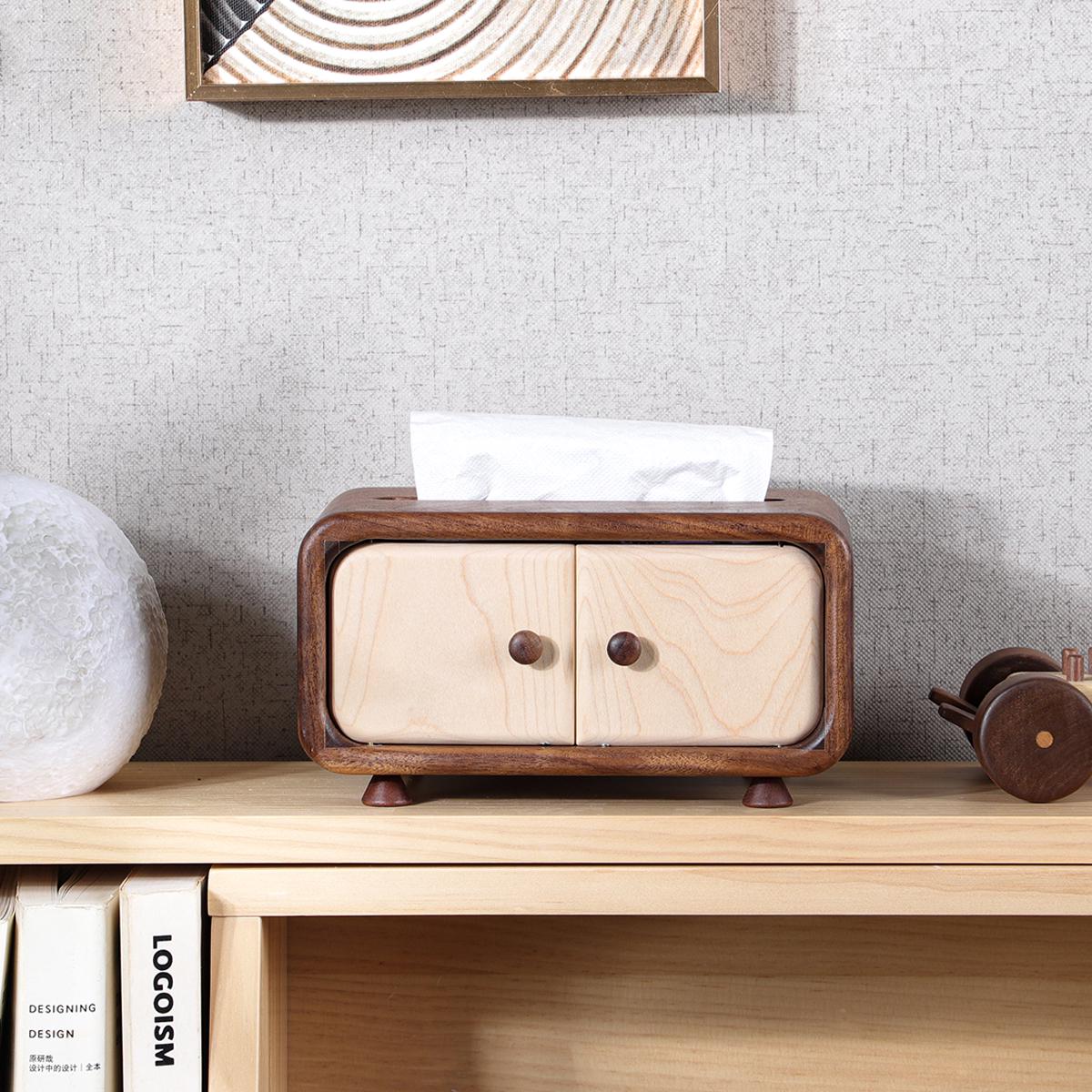 Mini Wooden Tissue Box, Handmade Creative Cabinet-design Tissue Box Cover for Small Packs, Housewarming gift, Japandi Wooden Home Decor
