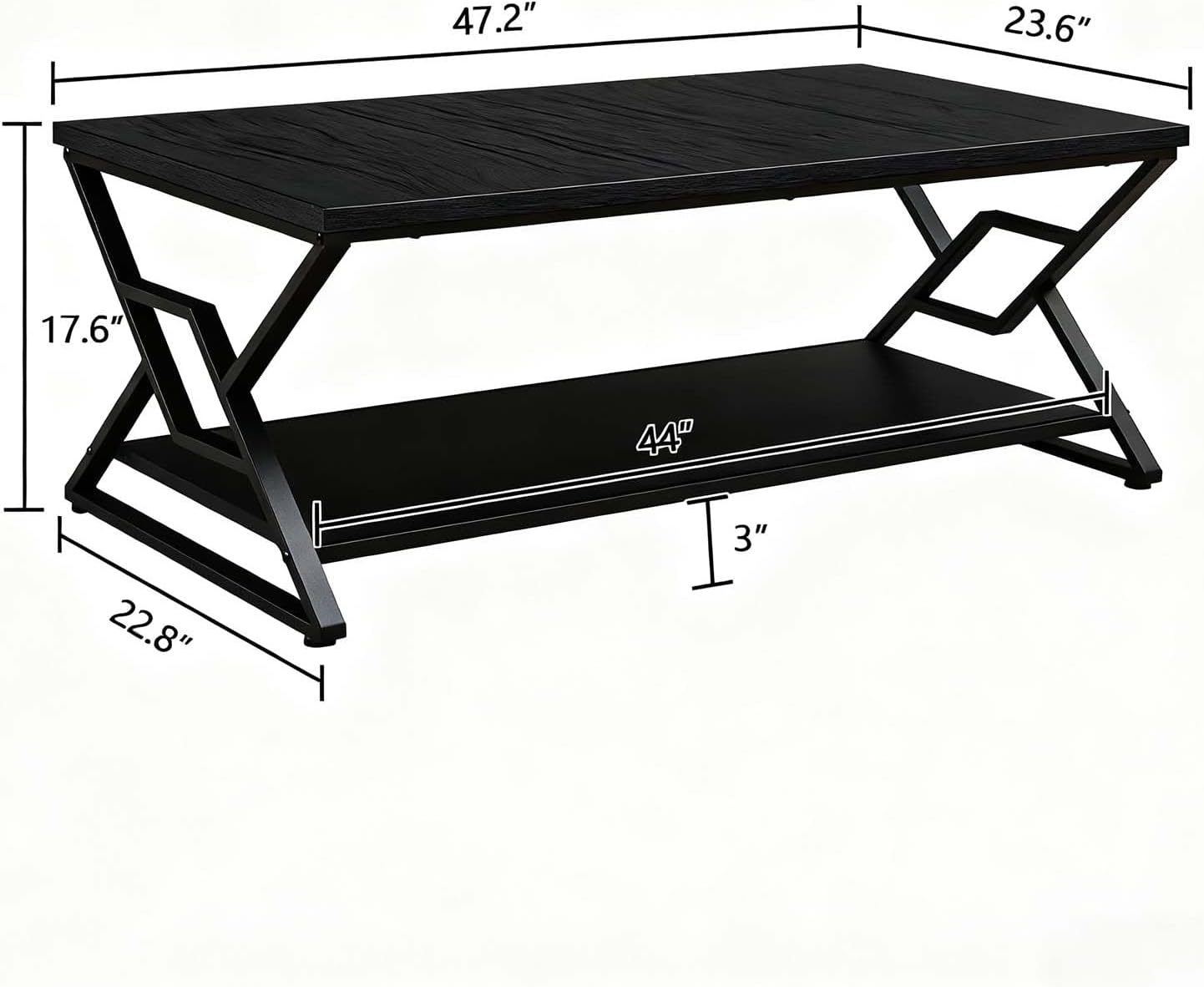 HOMISSUE Coffee Table, Rustic Rectangle Coffee Table with 2-Tier Storage, Engineered Wood Center Table with Open Shelves, Minimalist Coffee Table for Living Room, 47 Inch, Black