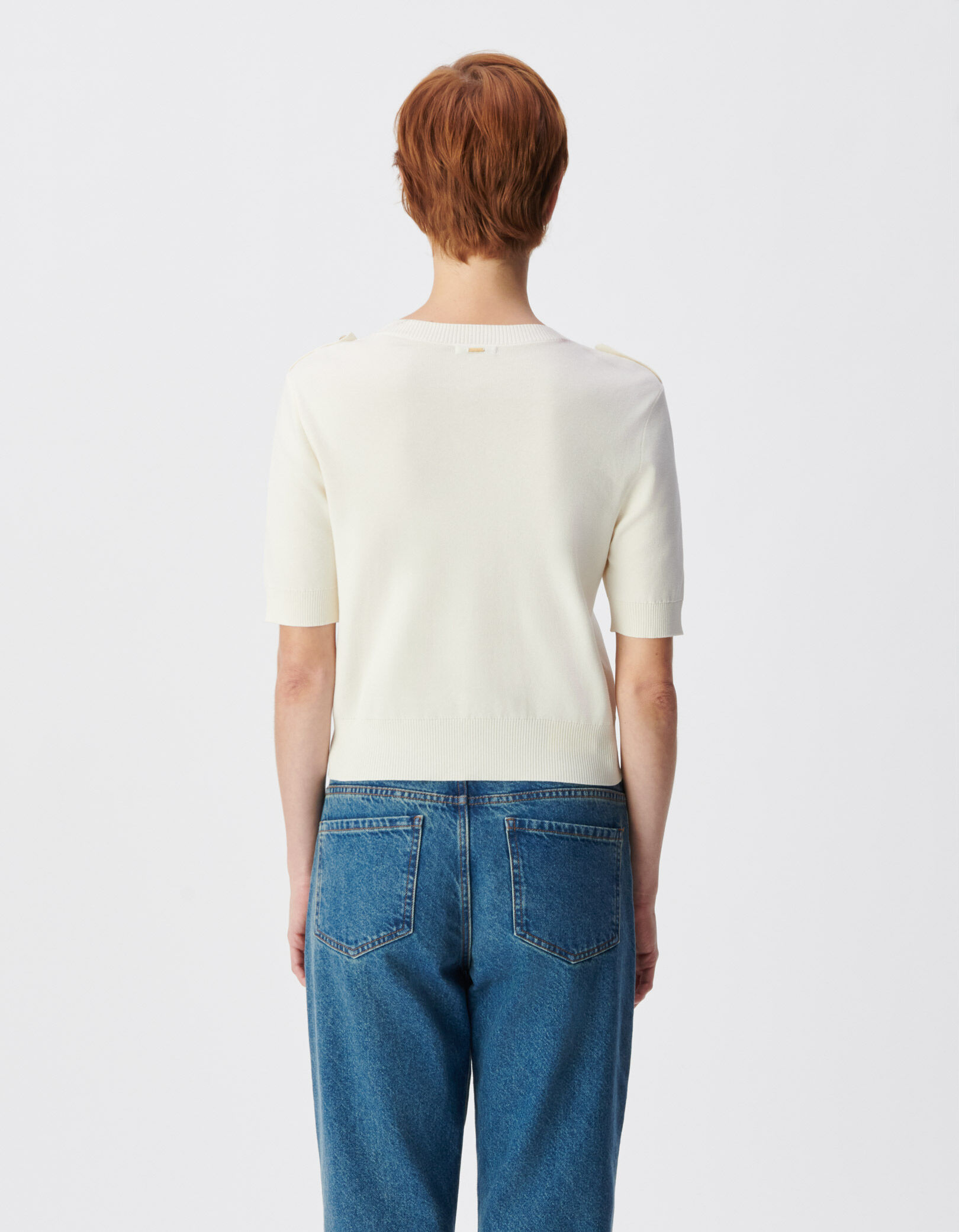 Cardigan manches courtes blanc tricot deux poches Femme