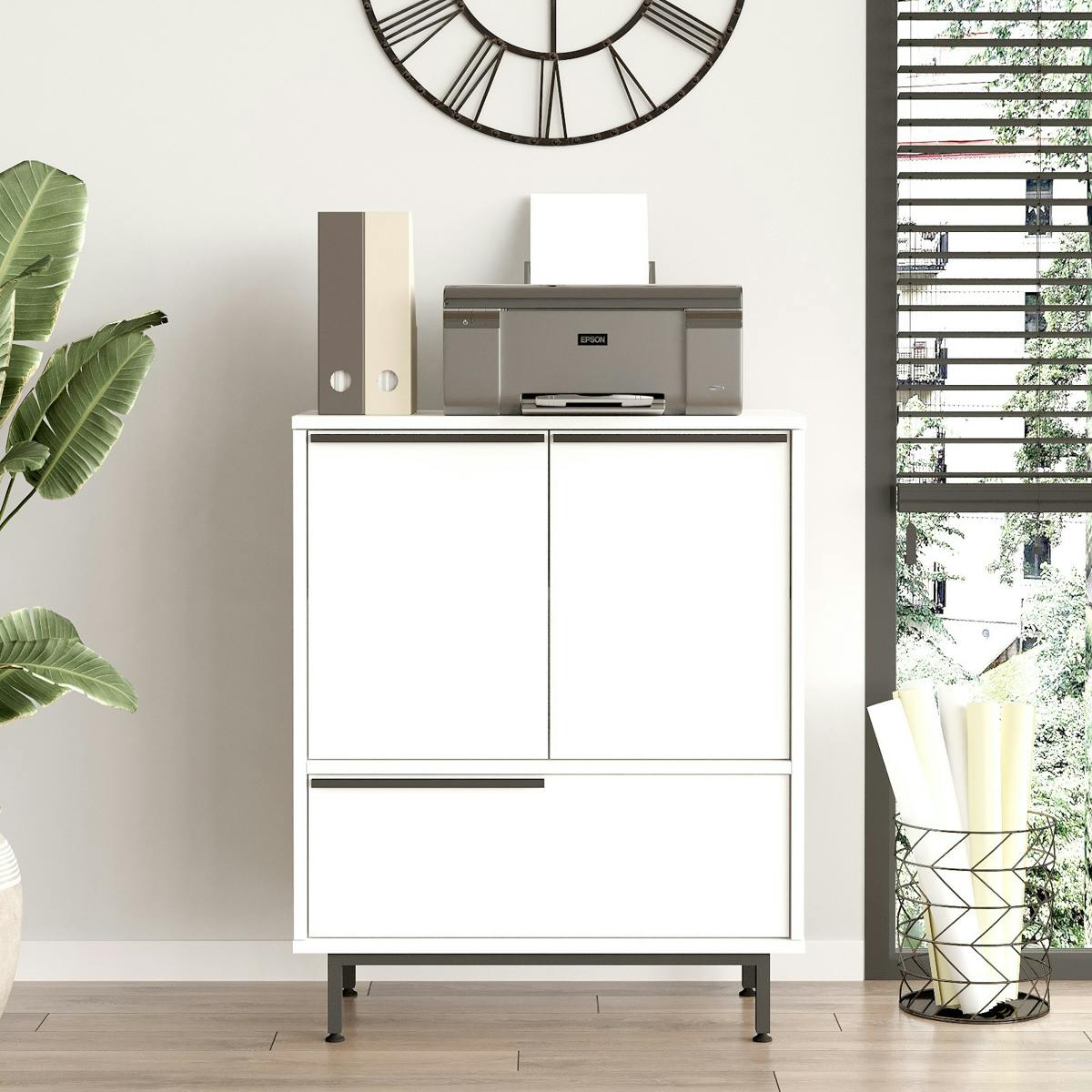 Meuble rangement bureau blanc 3 portes poignées noires JENA