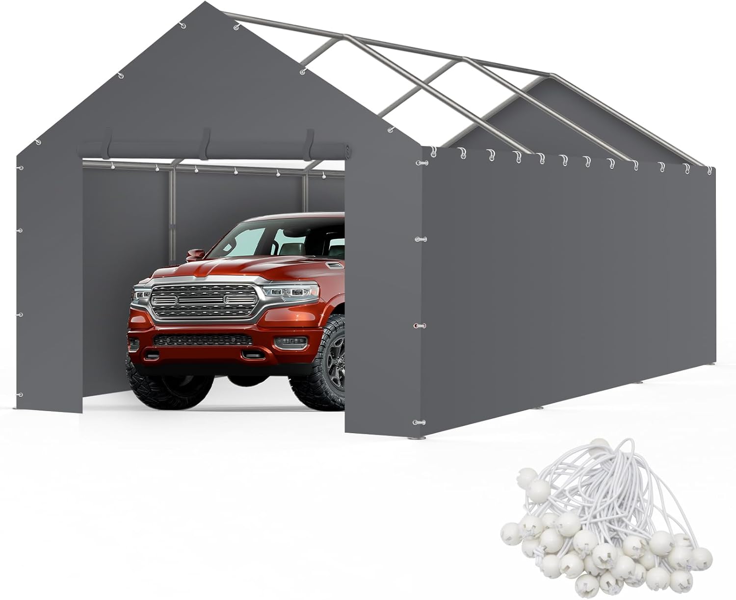 Carport Replacement Canopy Cover Sidewalls for 10x20x9.35FT Frame, Heavy Duty Garage Car Tent Shelter Tarp with Ball Bungees, Waterproof & UV Protected (Frame is not Included) (Grey)