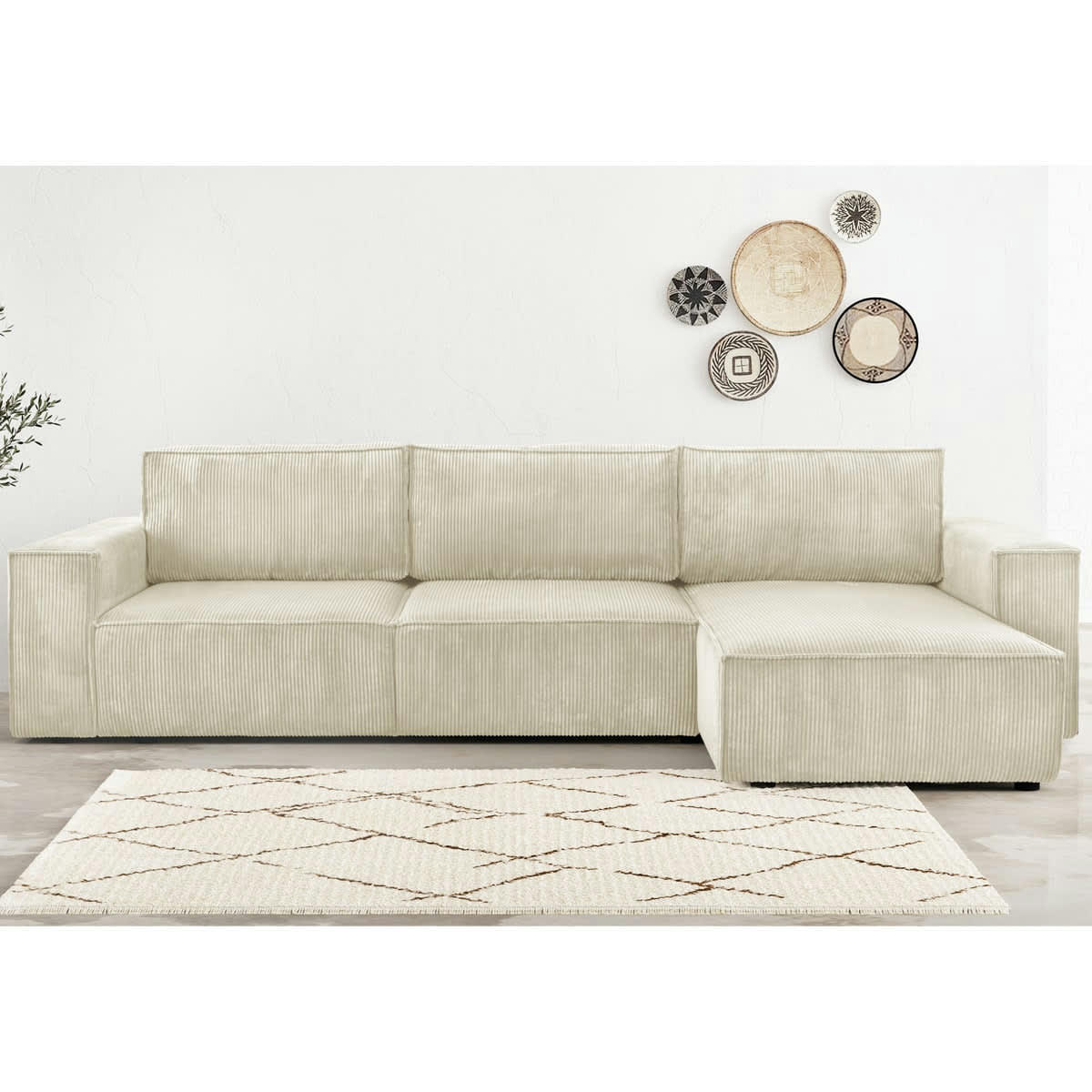 HARPER - Canapé d'angle convertible réversible 5 places en velours côtelé beige