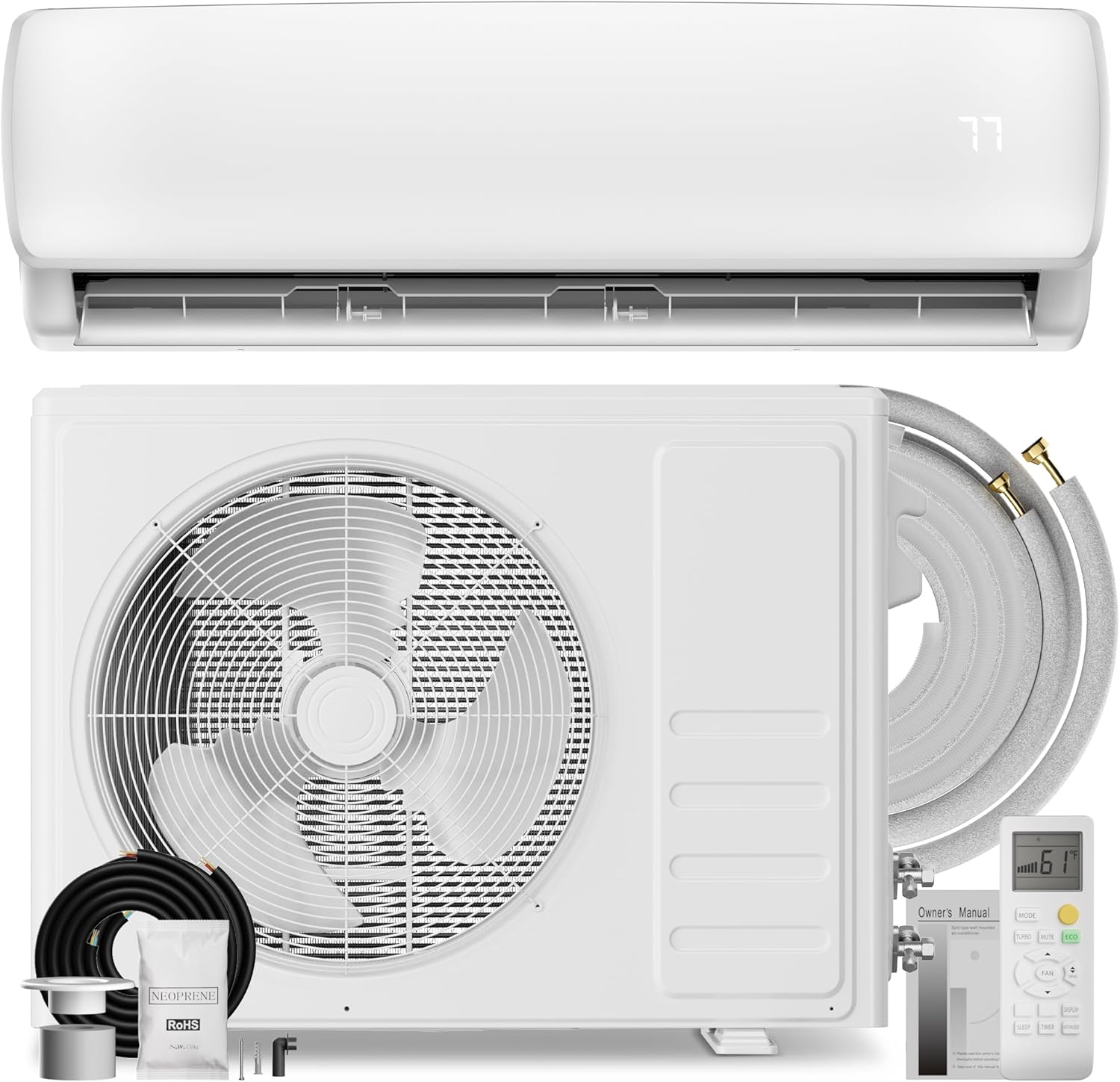 MEPTY 12000BTU Mini Split AC/Heating System, 19 SEER2 Energy Efficient Mini Split Air Conditioner with Heat Pump, Cools Up to 750sq.ft, Ductless Inverter AC Unit with Pre-Charged Condenser