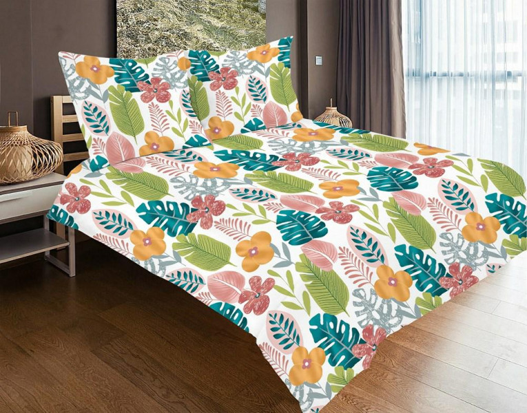 Pościel satynowa 160x200 biała kolorowa liście kwiaty Exclusive