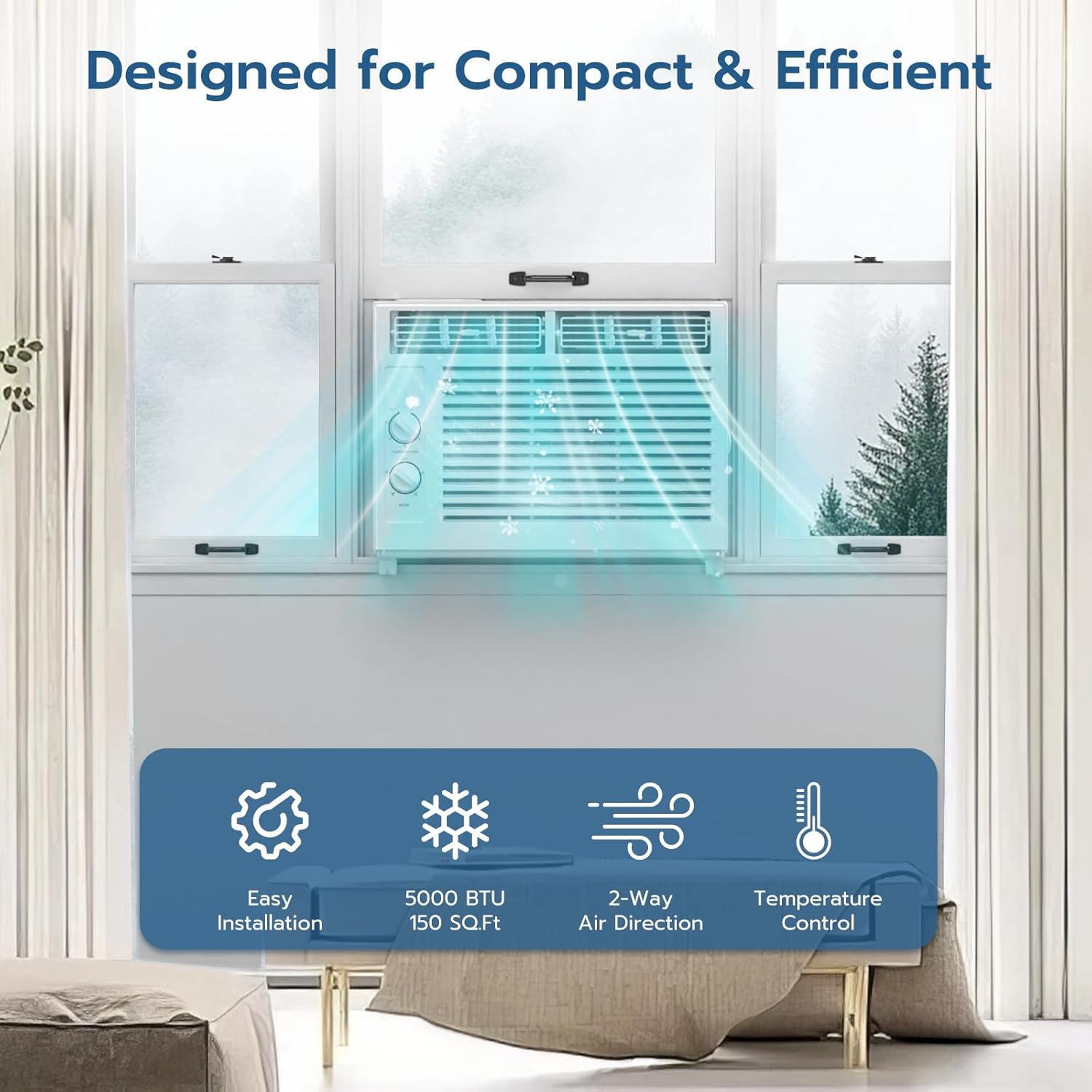 ZAFRO 5000BTU Window Air Conditioners Cool Up to 150 Sq Ft,Quiet Operation Window AC Unit with 2 Cool&Fan Functions,Easy to Use Mechanical Control,Washable Filter,Easy Install Kit,for Small Room,White