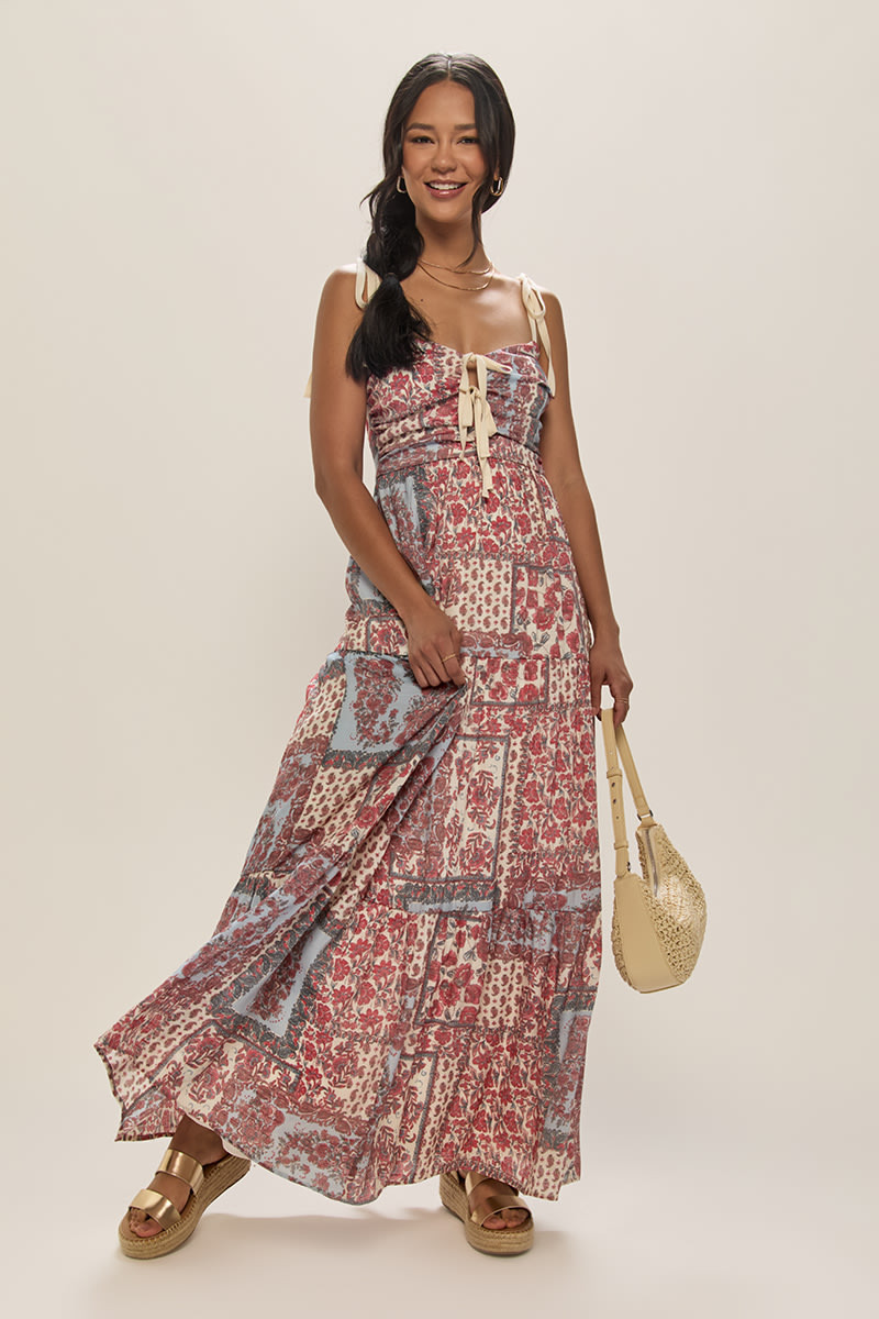Dona Patchwork Tie Front Maxi Dress