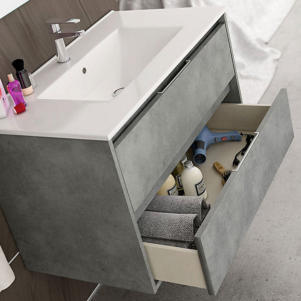 Meuble sous vasque seul, 2 tiroirs, 100cm, simple vasque - ciment (gris) - IRIS