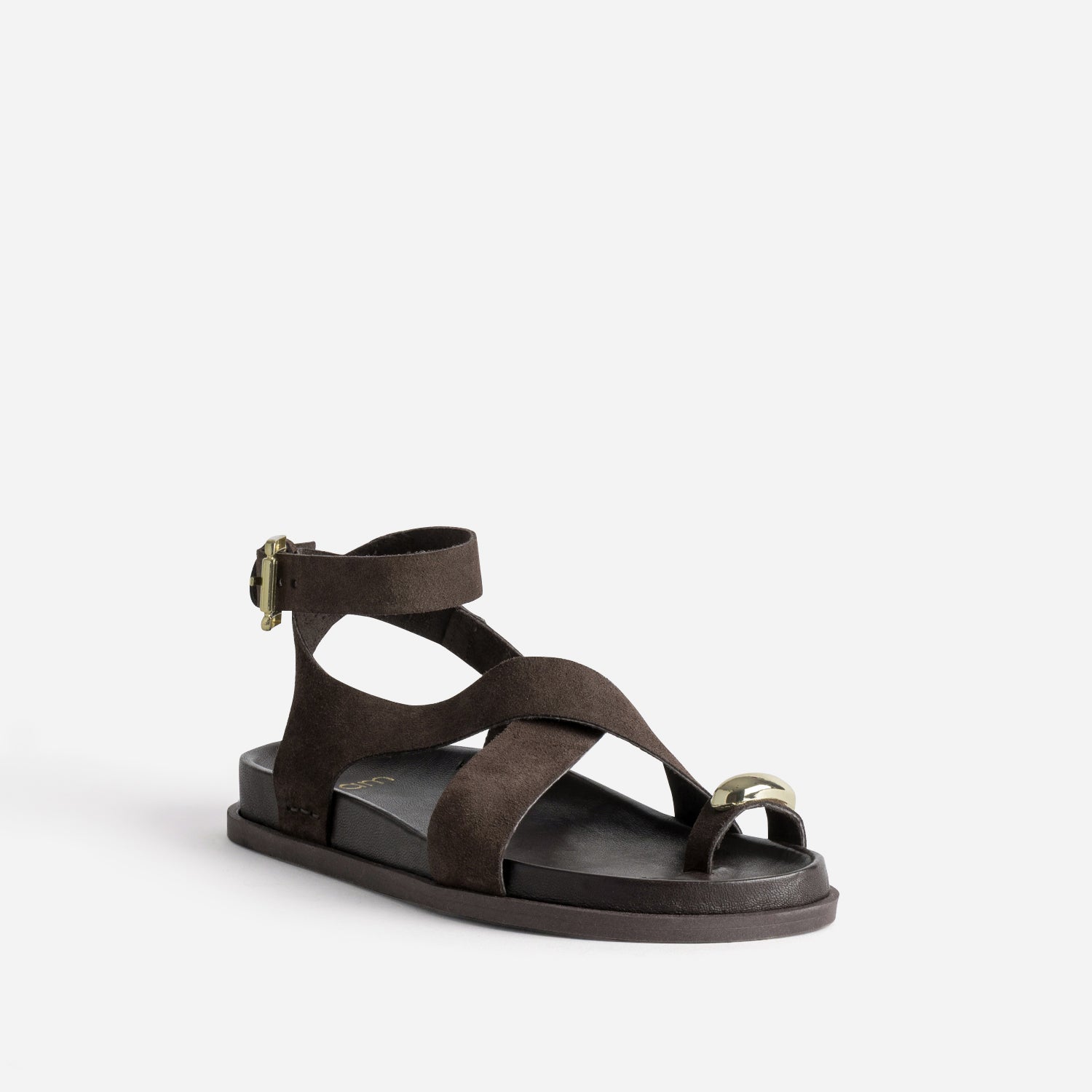 Sandale marron cuir velours passe-orteil bijou