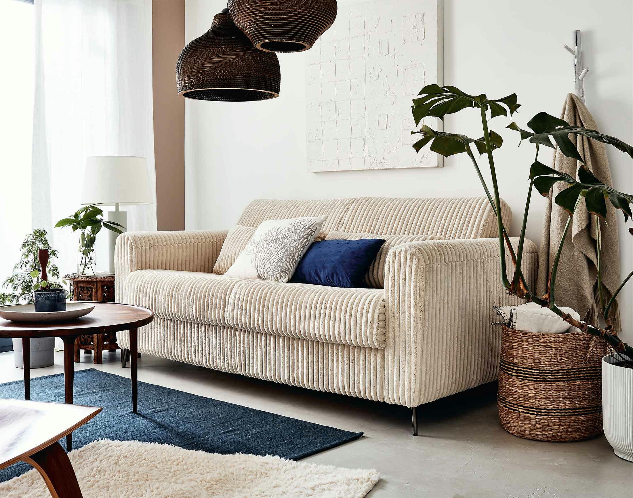 OWEN - Canapé droit convertible 2 places en velours grosses côtes beige