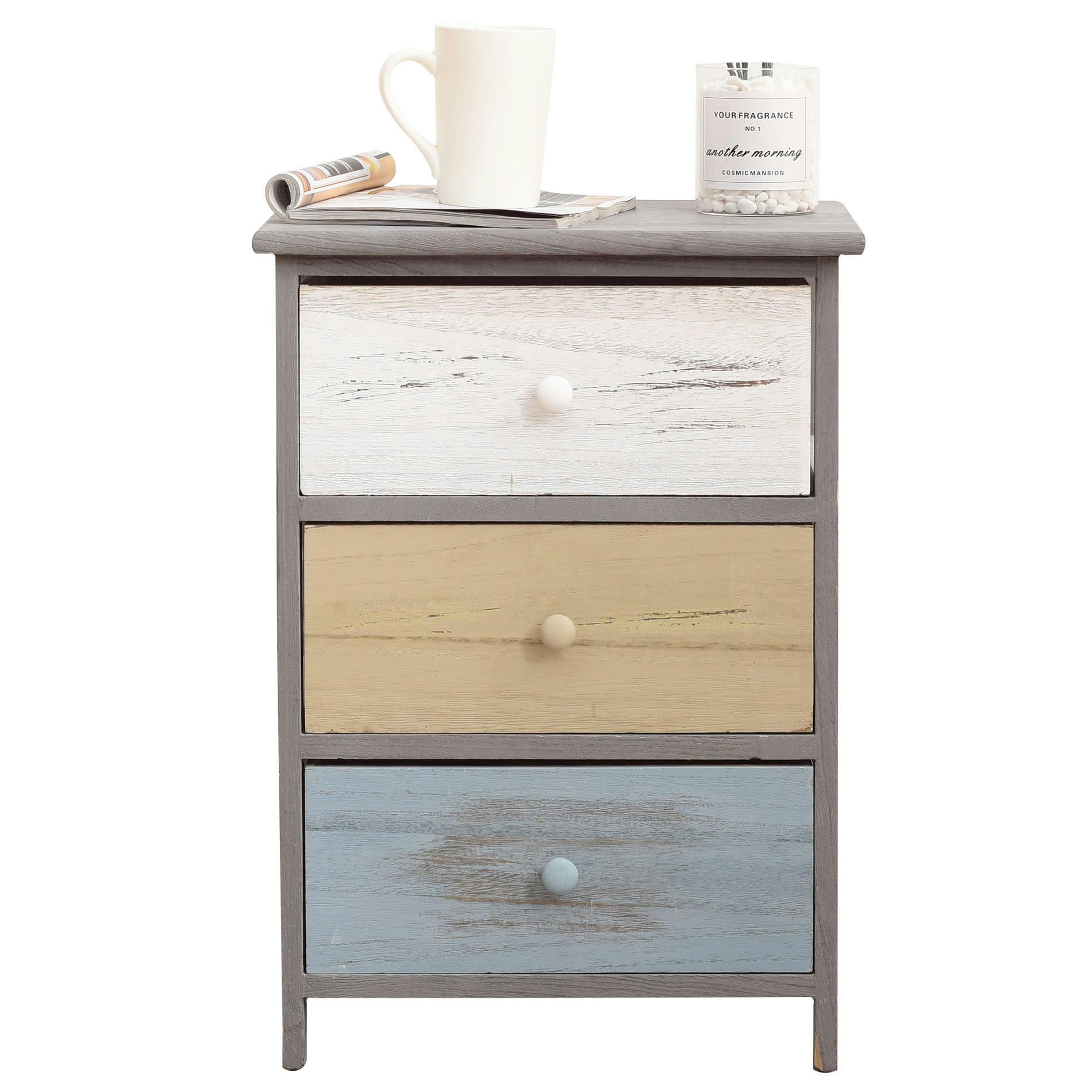 - Table de chevet colorée avec 3 tiroirs en bois gris bleu et blanc