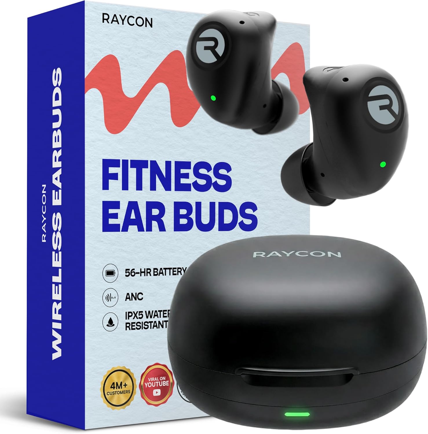 Raycon Fitness Bluetooth Wireless Earbuds + Microphone with Active Noise Canceling, Sweat & Water-Resistant Earphones, Running Headphones, Ear Buds Wireless Bluetooth 56 Hours Playtime (Black)