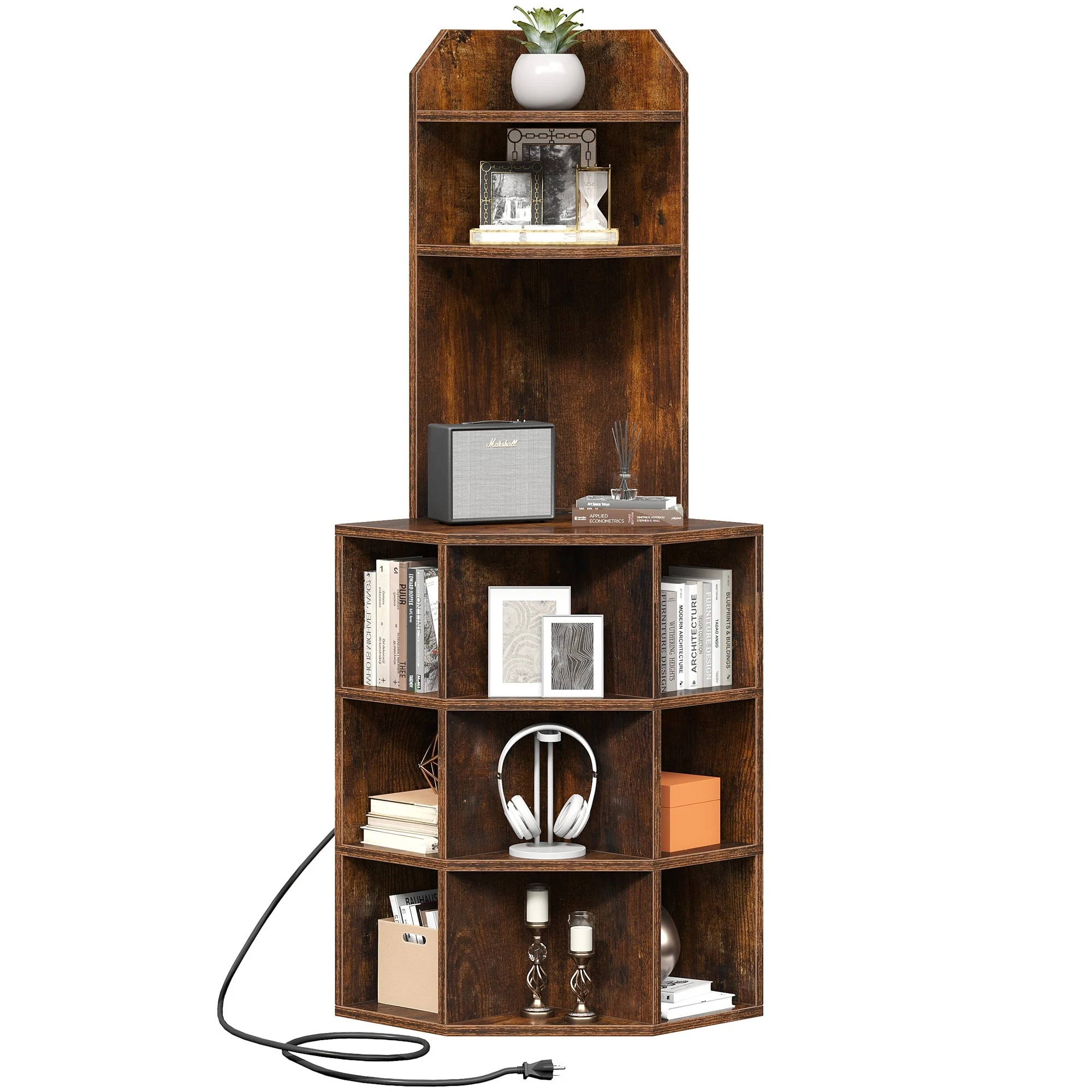 Moasis Industrial Corner Display Bookshelf Bookcase with USB Ports and Outlets