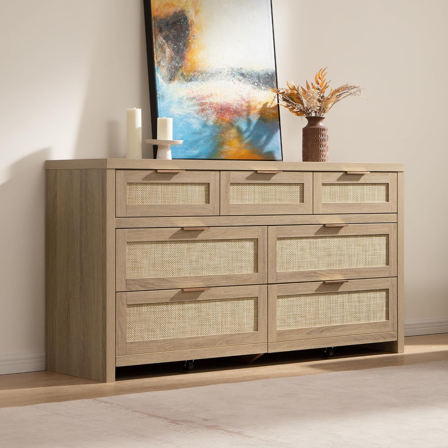 SICOTAS 7 Drawer Dresser for Bedroom, 57 Wide Rattan Dressers, Large Chest of Drawers for Bedroom, Dresser TV Stand, Boho Closet Organizer (Reclaimed Light Oak, 7 Drawers (1 pc))