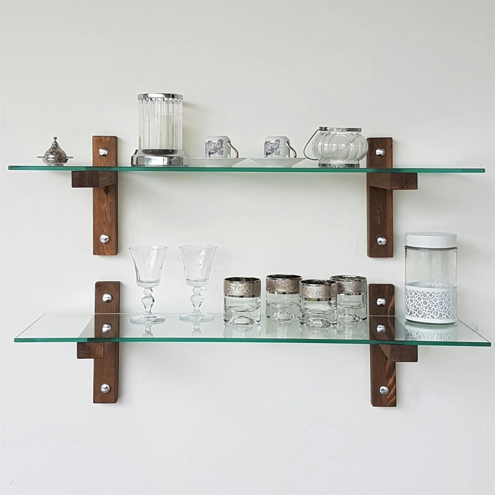 Étagère murale en verre - supports bois foncé (lot de 2) LHASA