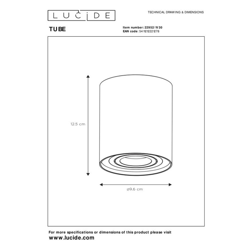 Spot Tube noir rond GU10 50 W LUCIDE