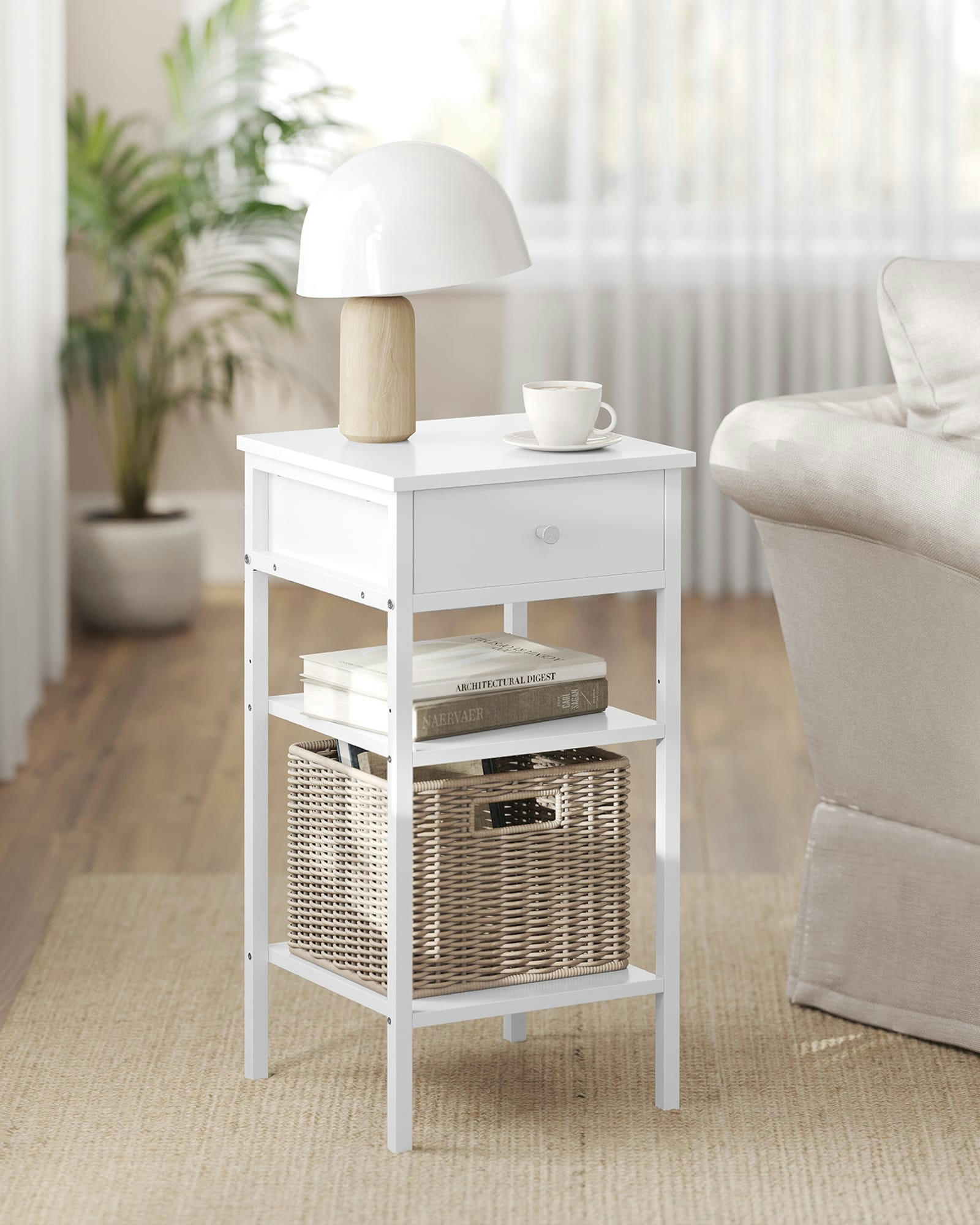 - Table de chevet 1 tiroir 2 étagères effet bois blanc