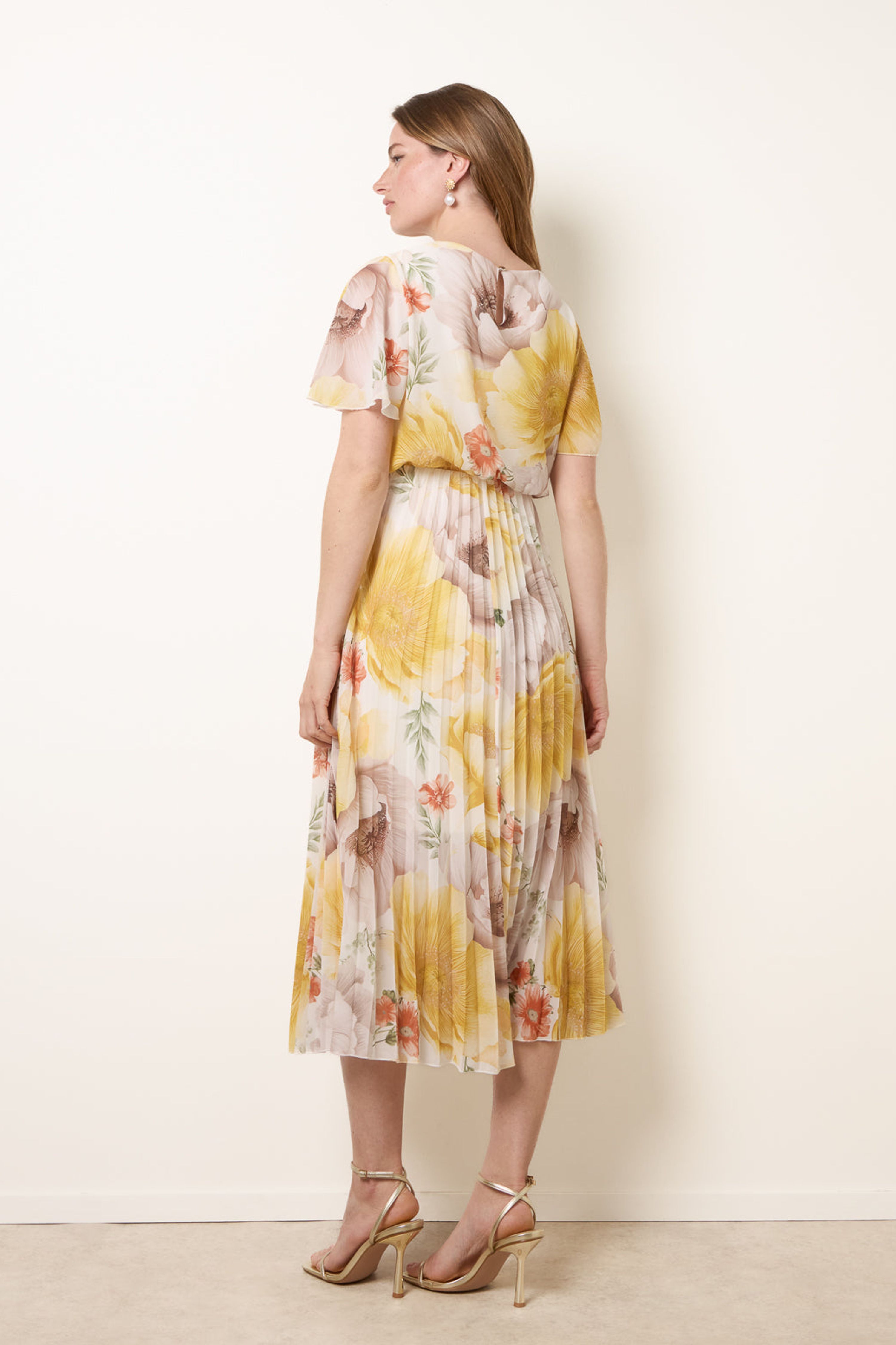 Blue Vanilla Lemon Pleated Scoop Neck Short Sleeve Floral Dress