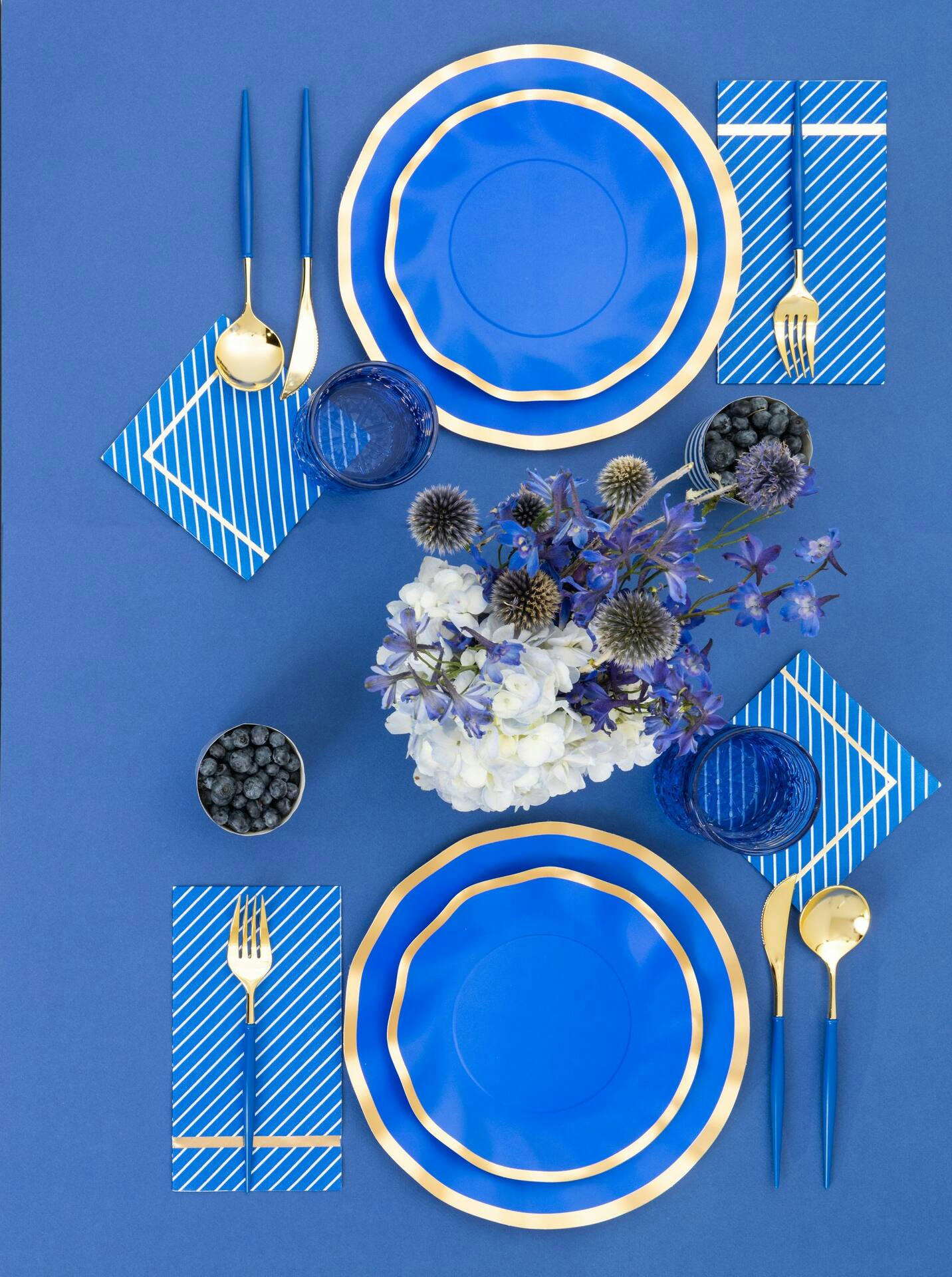 Sophistiplate Round Bordered Trimmed Paper Disposable Dinner Plates, Blue/Gold, 10-in, 8-pk, for Bridal Shower/Baby Shower/Gender Reveal/Hanukkah