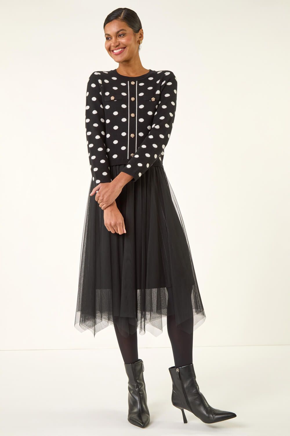 Roman Polka Dot Mesh Midi Dress