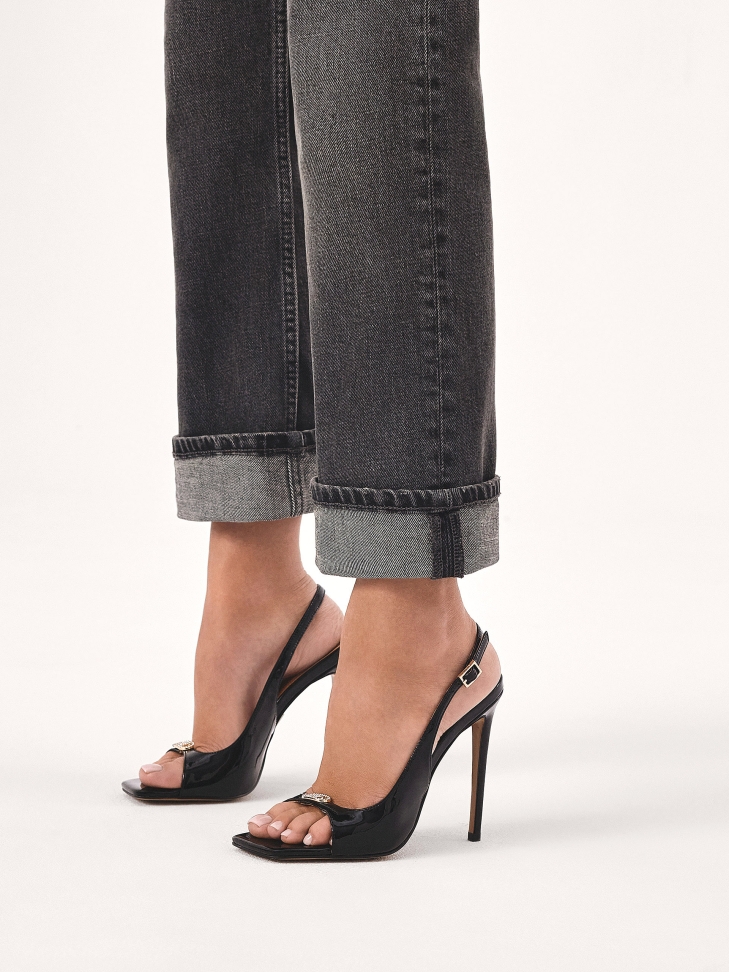 Black patent leather sandals with cutout upper