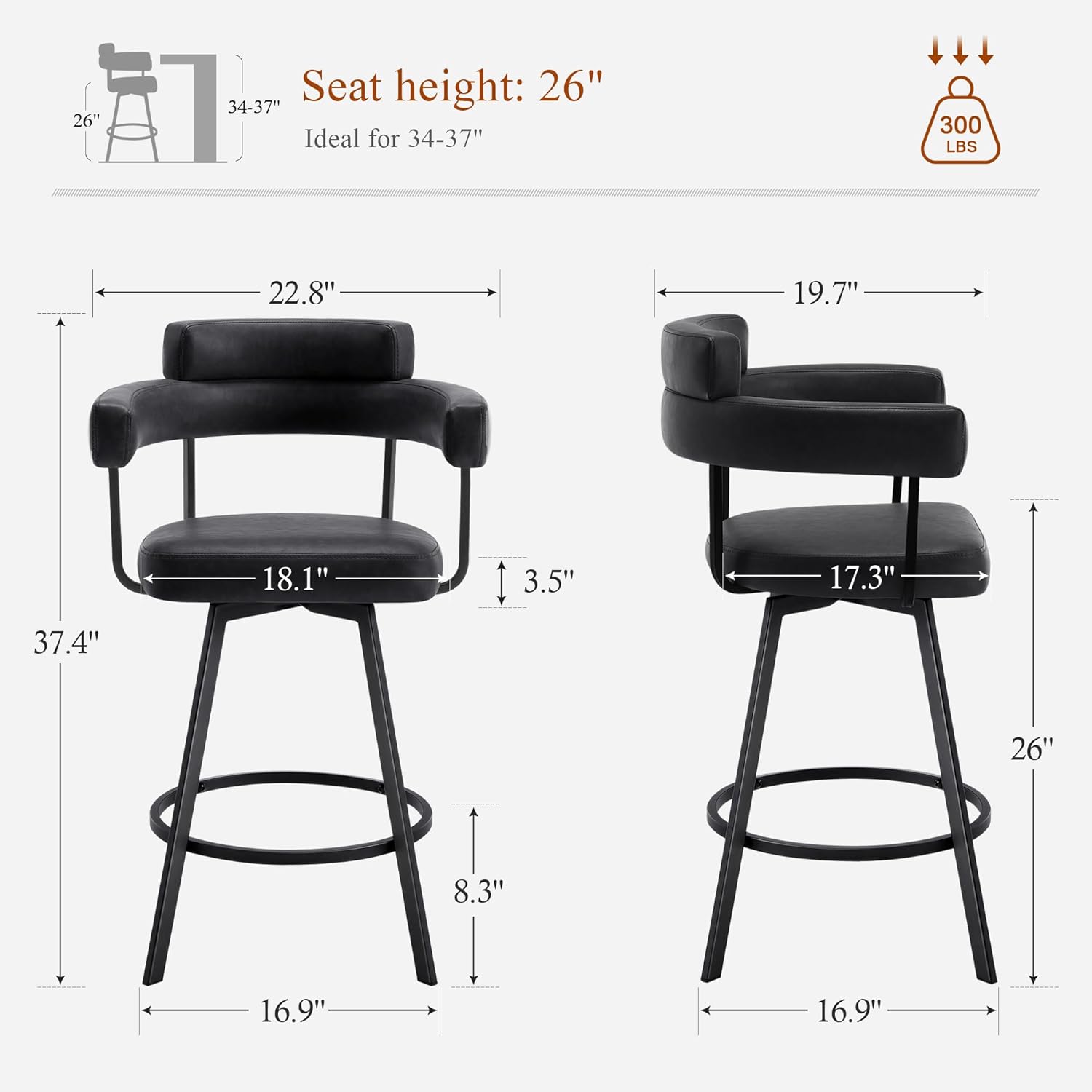 26’’ Swivel Counter Height Stools with Round Back, Faux Leather Upholstered Bar Stools with Metal Legs, Armrest, Modern Counter Stools for Kitchen Island, Dining Room (Black, Set of 2)