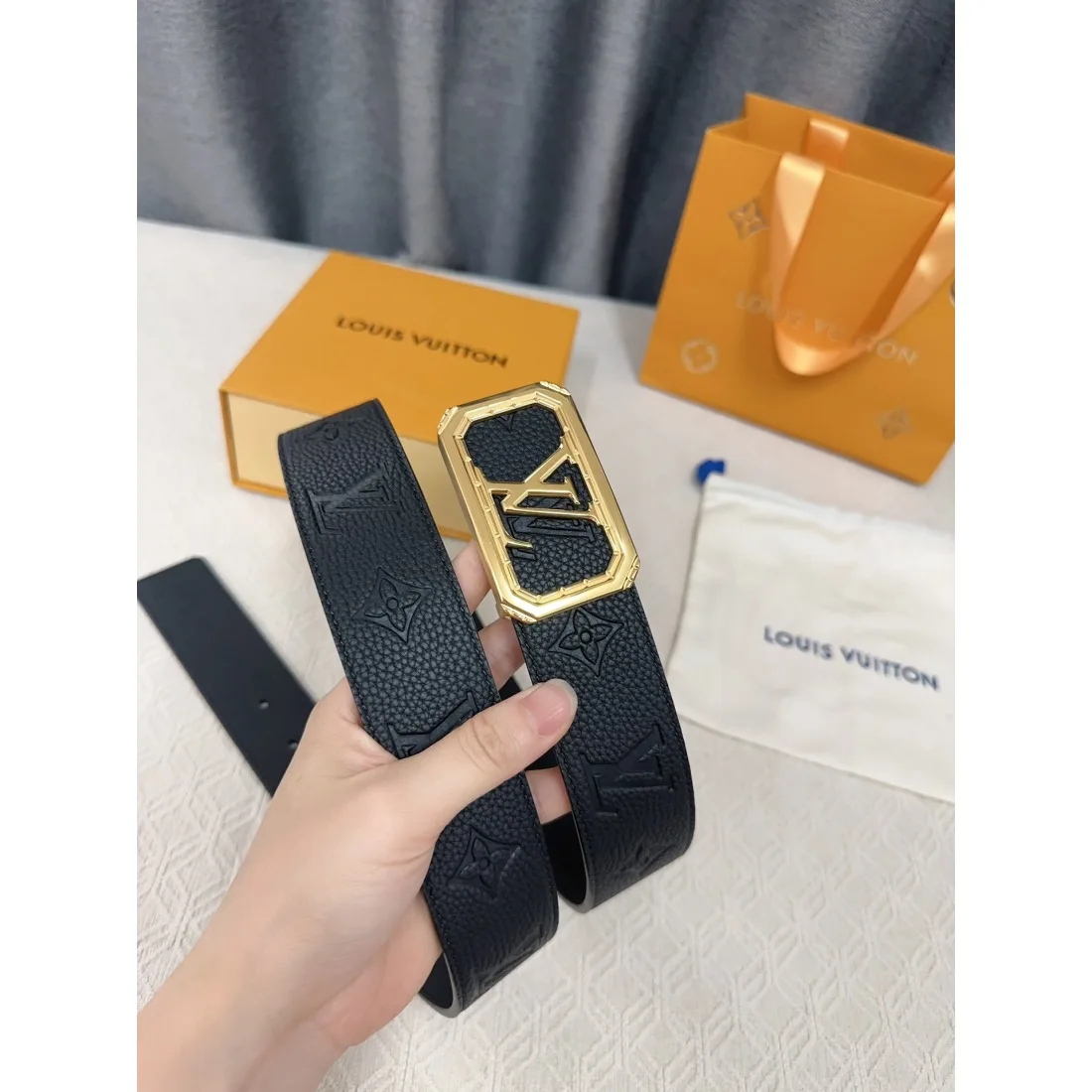 Lv Calfskin Pure Steel Logo Men's Belt 40MM