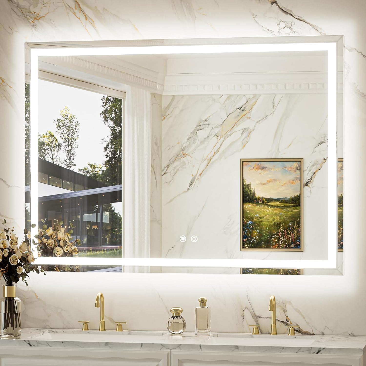 Keonjinn Beveled Lighted Mirrors for Bathroom 48 x 36 Inch, LED Bathroom Mirror with HD Tempered Glass, Frontlit and Backlit, Dimmable 3-Color, UL Listed LED Driver, Anti-Fog LED Vanity Mirror, CRI90+