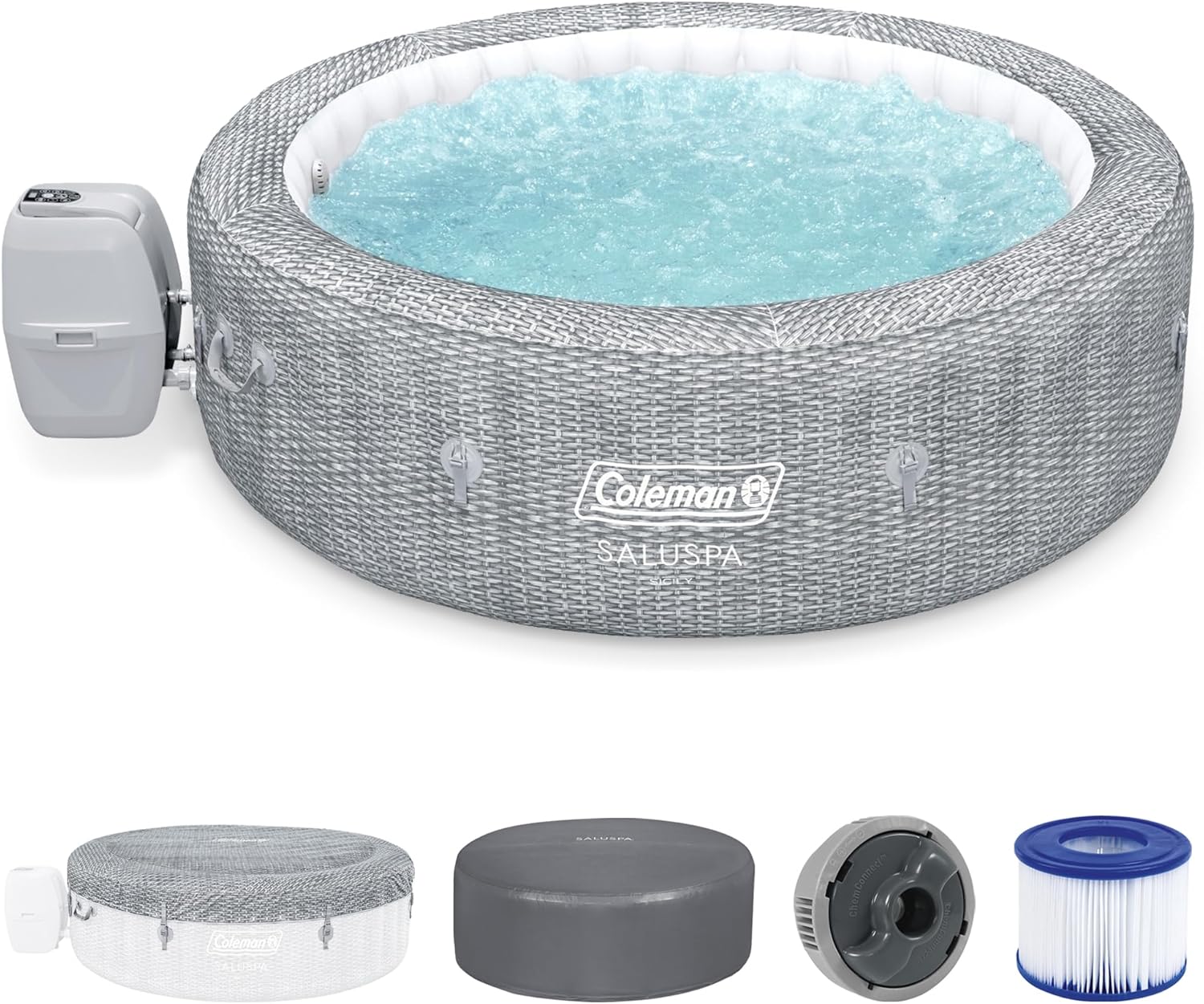 Coleman Sicily AirJet Large Round 5 to 7 Person Inflatable Hot Tub Portable Outdoor Spa with 180 AirJets and EnergySense Cover  Grey