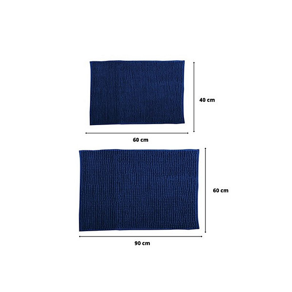 Lot de 2 Tapis de bain Microfibre CHENILLE Bleu Foncé 40x60 et 60x90cm MSV