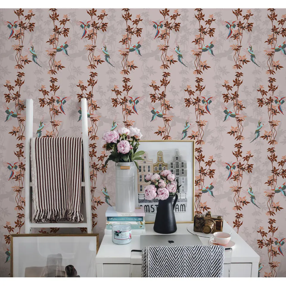 Walls4You behang tropische planten oudroze en terracotta - 53 cm x 10 m