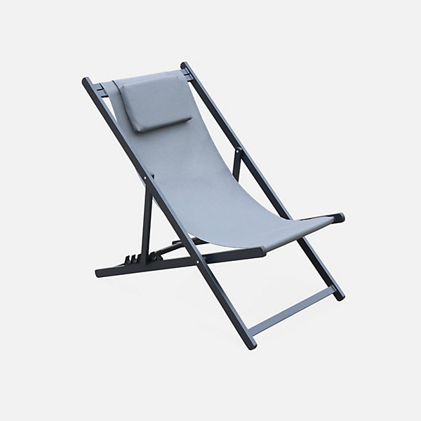 Lot de 2 bains de soleil - Gaia gris - Transat en aluminium gris anthracite et textilene gris avec coussin repose tête. chilienne
