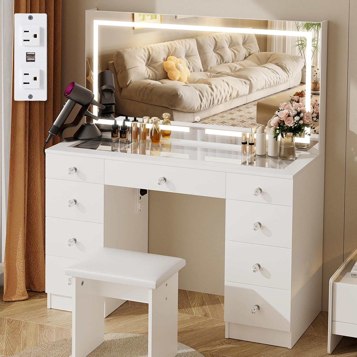 VOWNER Vanity with Lighted Mirror - 47 Glass Top Makeup Vanity Desk with 9 Drawers and Power Outlet, 3 Color Lighting Modes Adjustable Brightness, Makeup Desk with Cushioned Stool for Bedroom, White