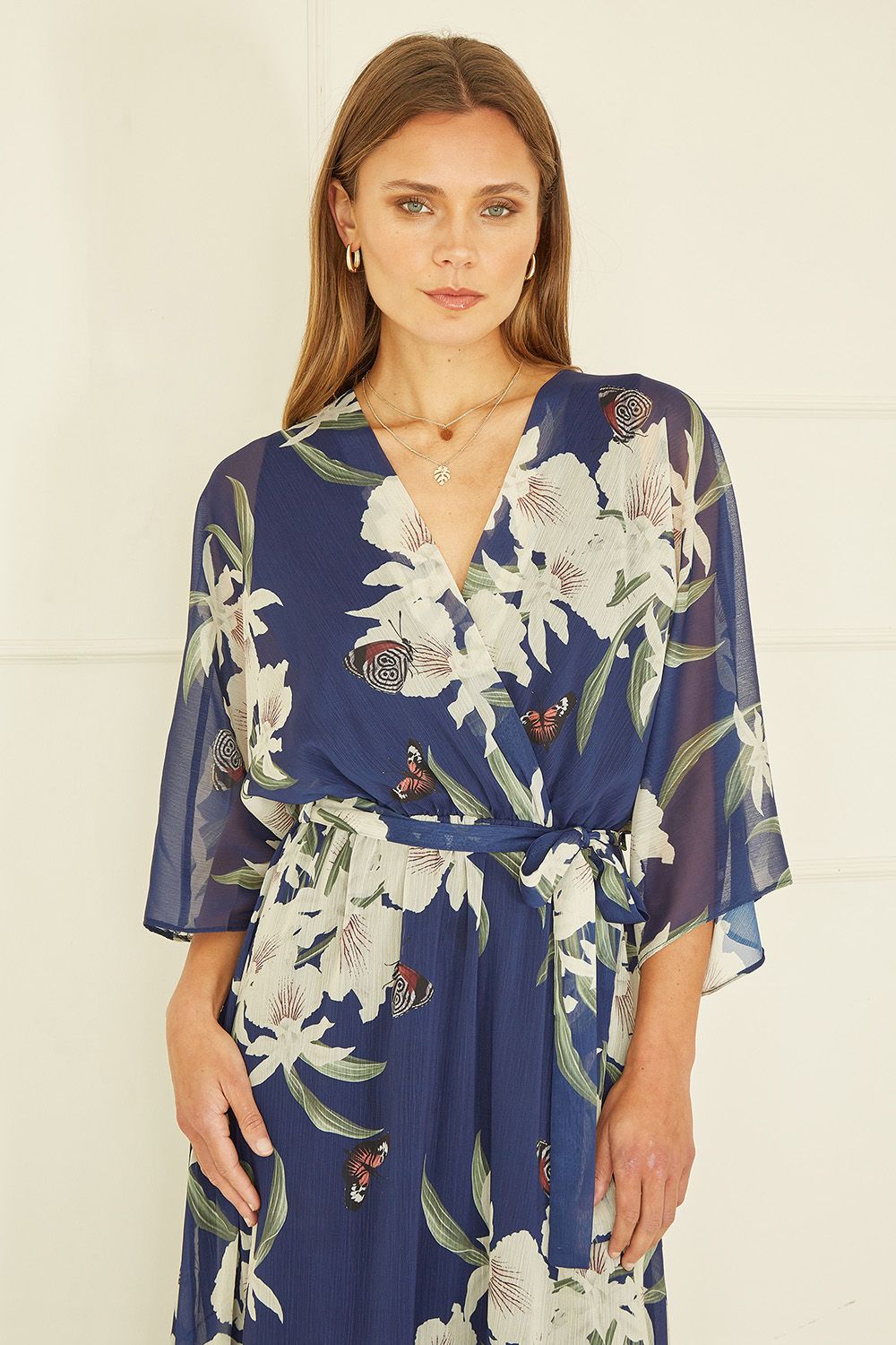 Yumi Navy Floral Kimono Sleeves Dip Hem Wrap Midi Dress