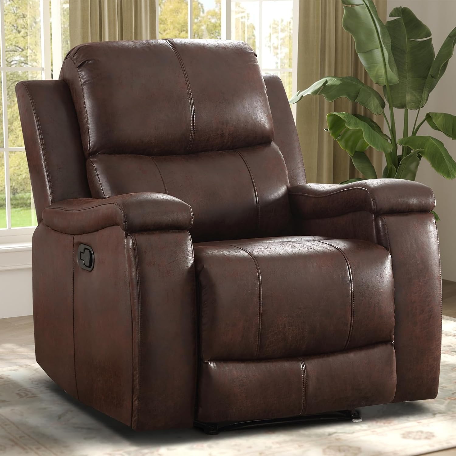 Leather Recliner Chair, Manual Recliner Chair for Adults with Overstuffed Arms and Back, Single Sofa Recliner with Cup Holders for Living Room (1, Red Brown)