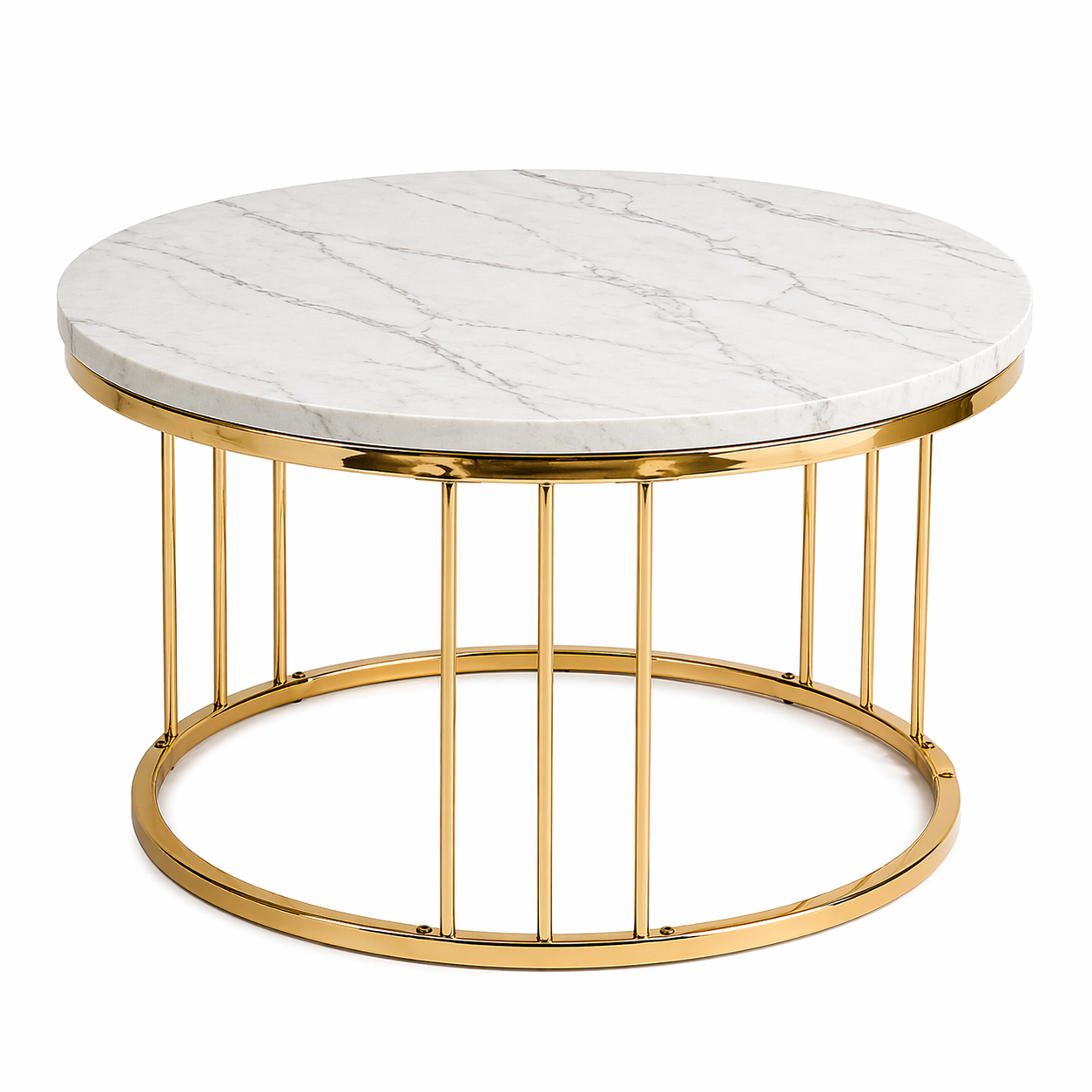 Stolik Kawowy Okrągły 80 cm Biały Marmur Złoty Platerowany Glamour 2308